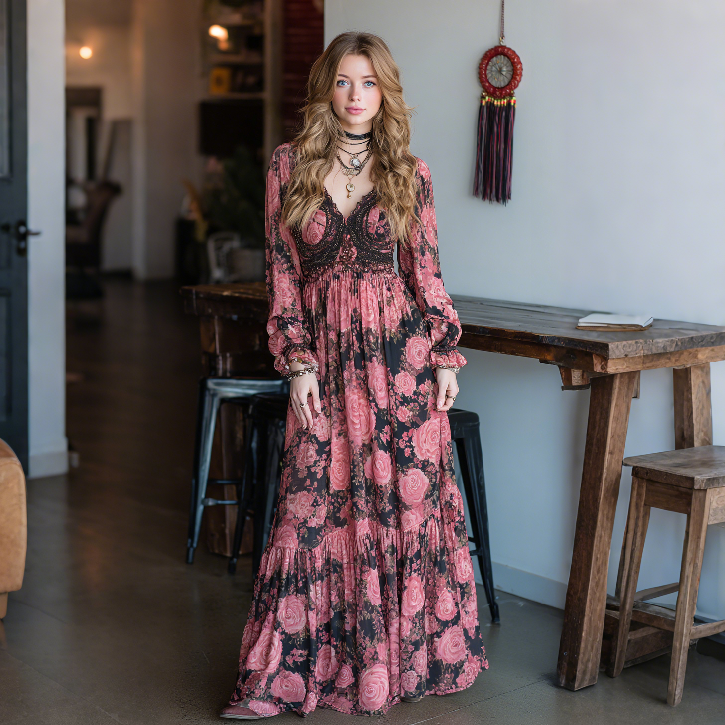 Elegant Rose Print Long Sleeve Maxi Dress
