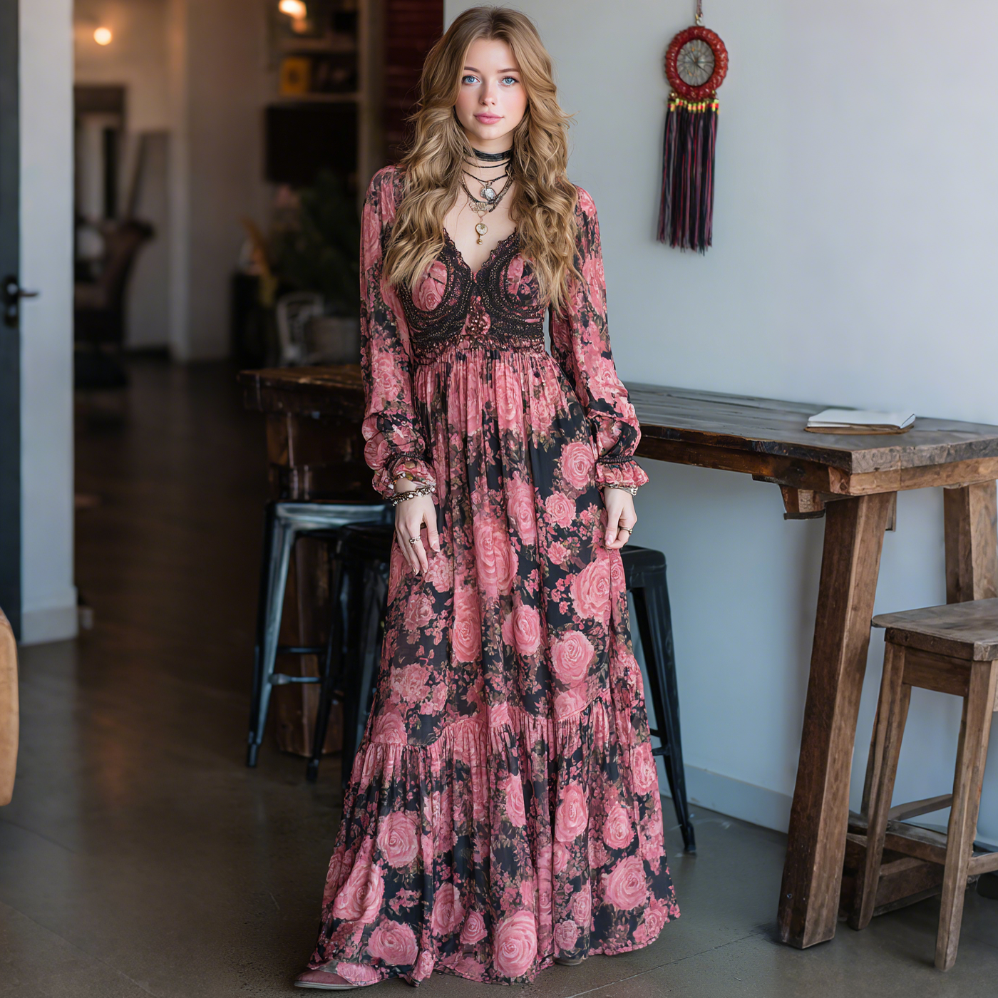 Elegant Rose Print Long Sleeve Maxi Dress