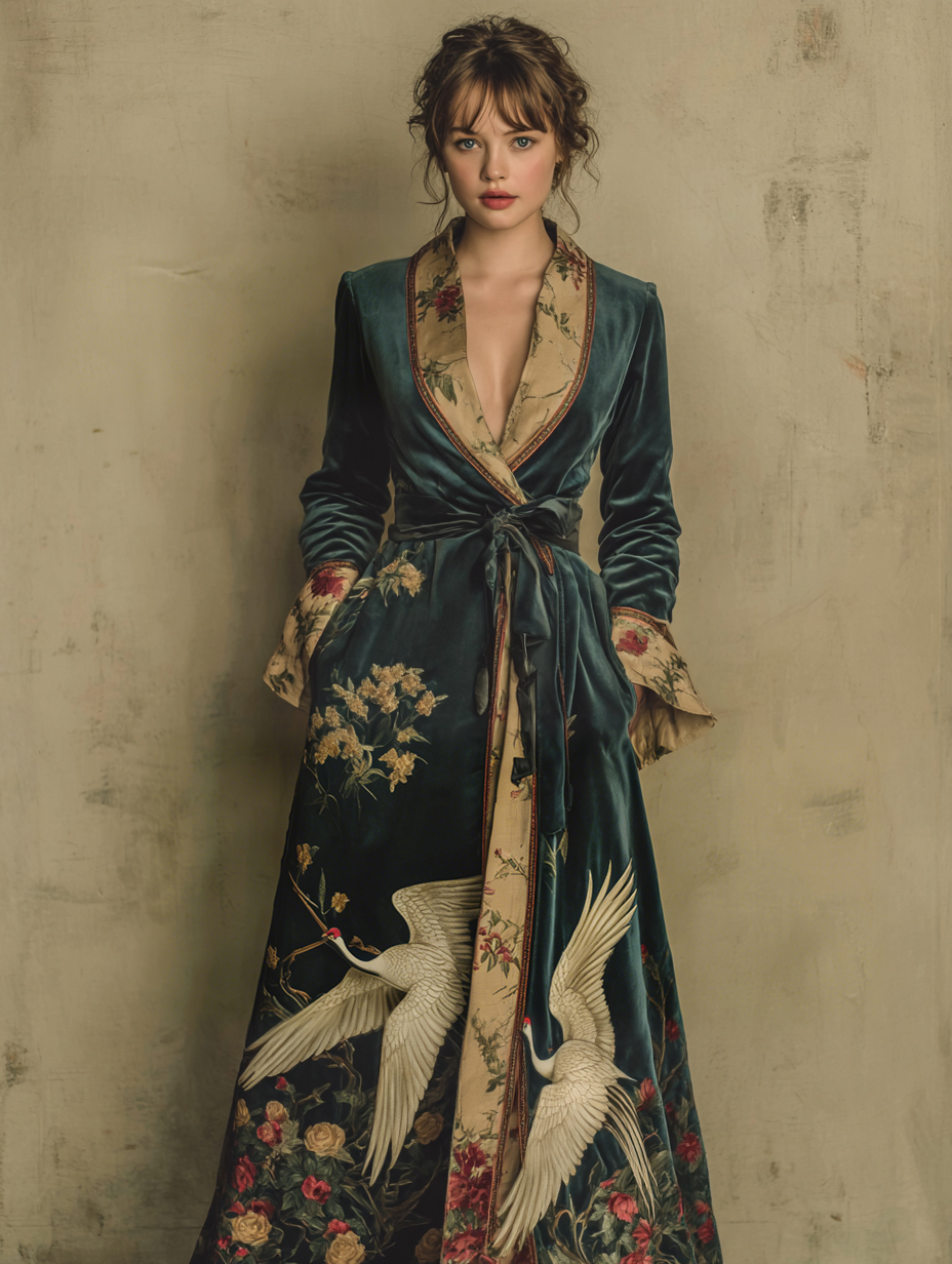 Women's Elegant Vintage Crane Art Print Robe