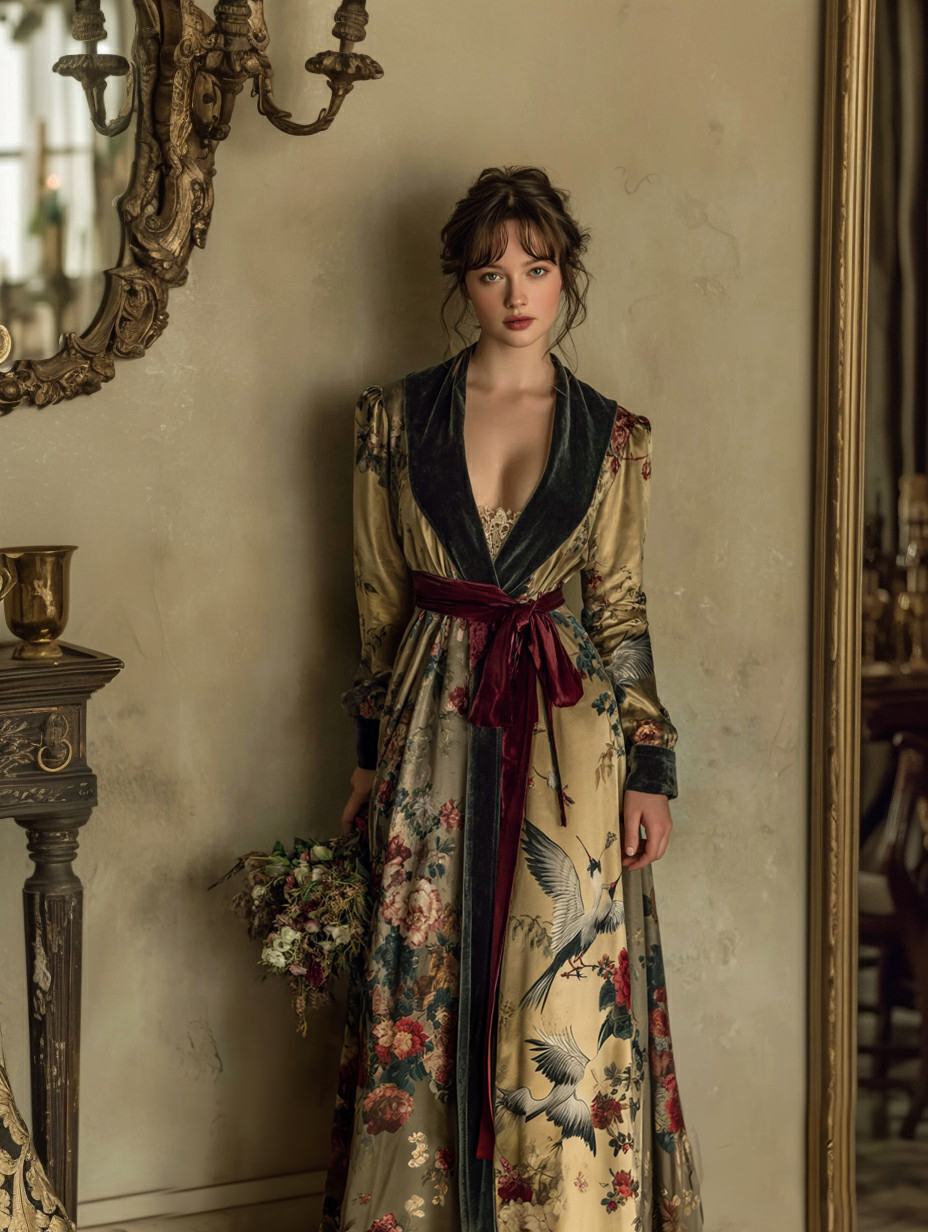 Women's Elegant Vintage Crane Art Print Robe