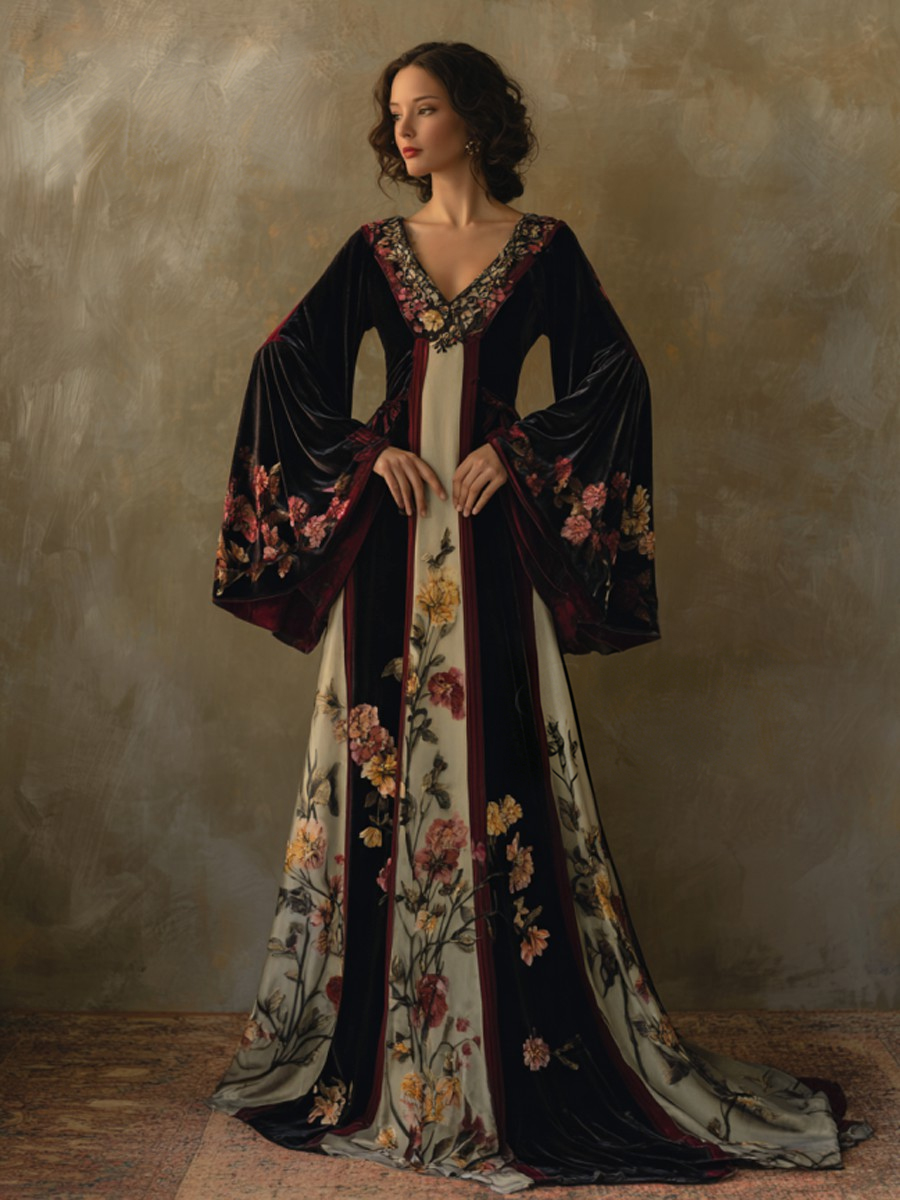 Artistic women's velvet V-neck bell sleeve dress