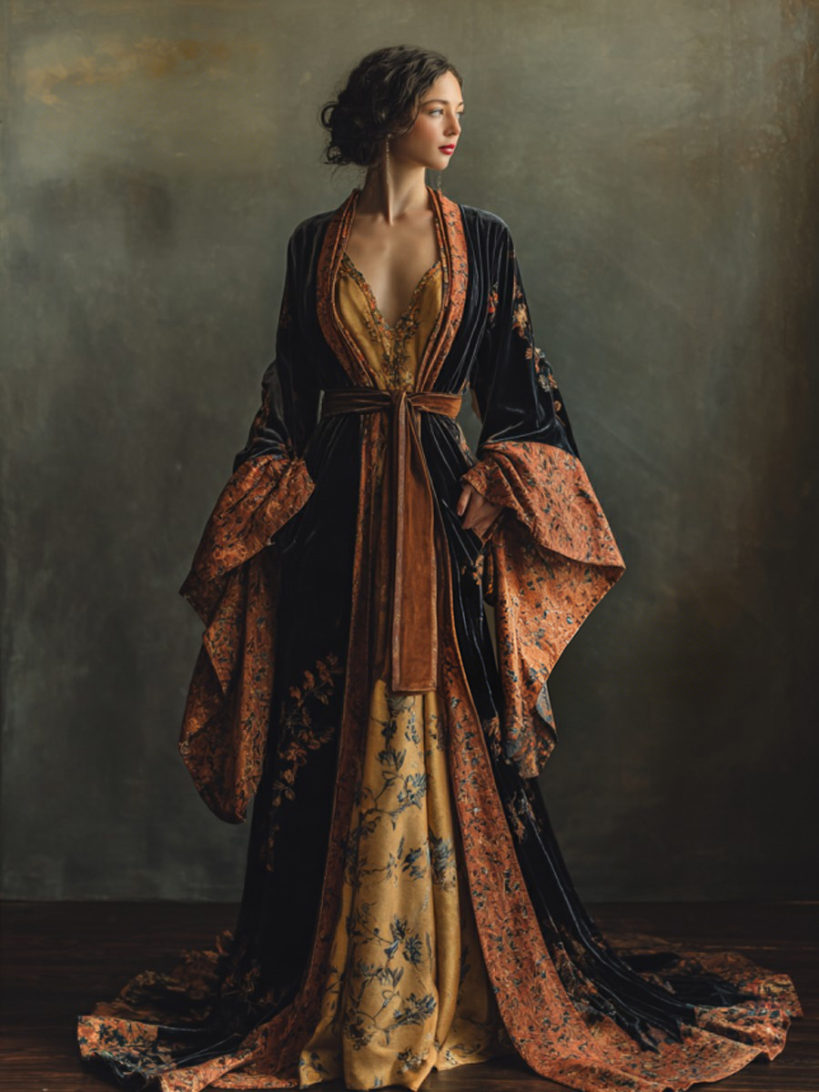 Elegant autumn/winter vintage floral style velvet robe (with belt)