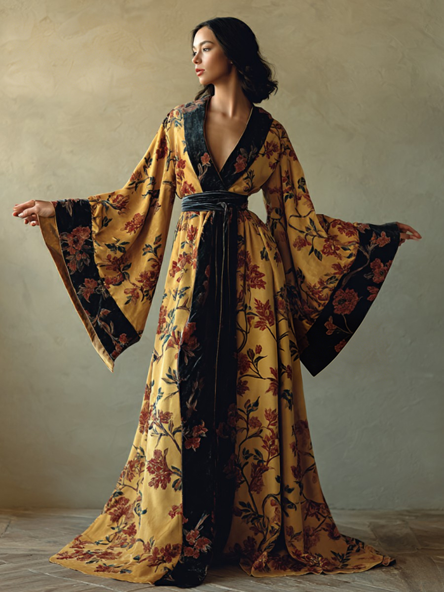 Elegant autumn/winter vintage floral style velvet robe (with belt)