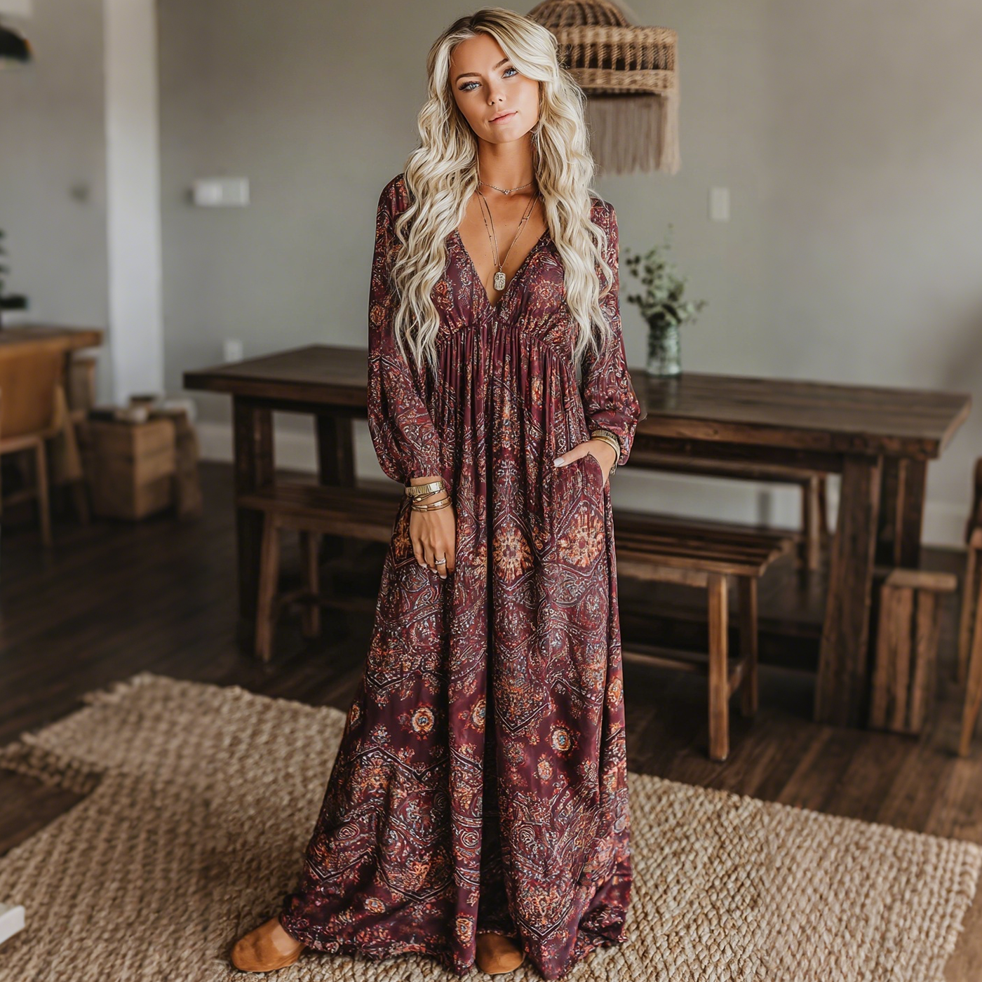 Elegant Paisley Print Long Sleeve Dress