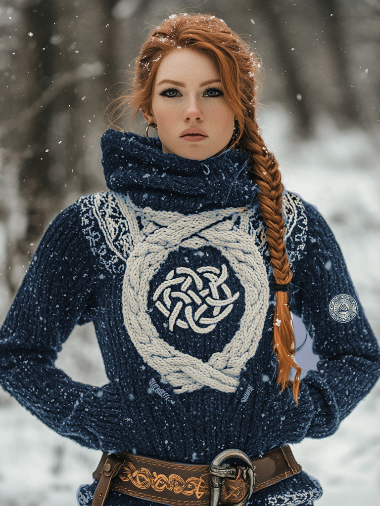 Women's Viking Tribal Jacquard Celtic Inspired Chunky Knit Hooded Sweater