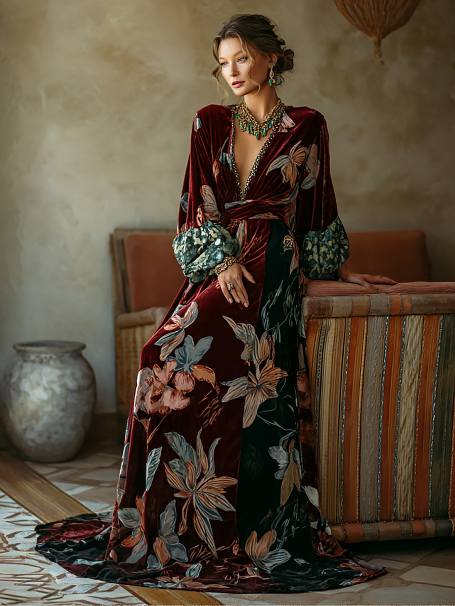 Artistic women's velvet V-neck bell sleeve dress
