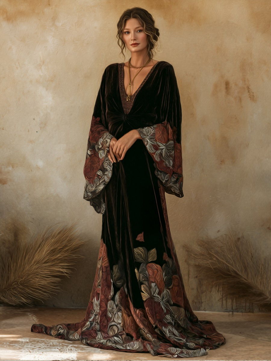 Artistic women's velvet V-neck bell sleeve dress