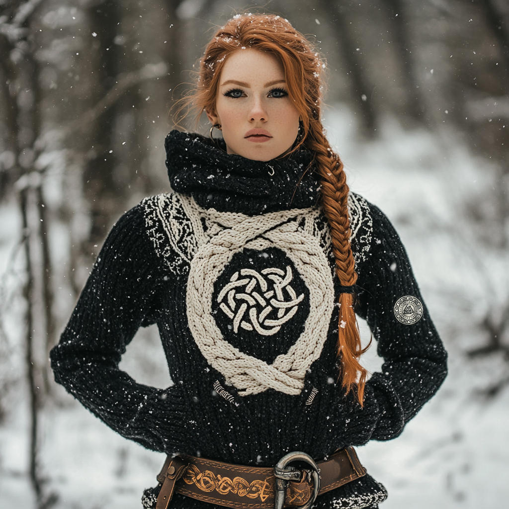 Women's Viking Tribal Jacquard Celtic Inspired Chunky Knit Hooded Sweater