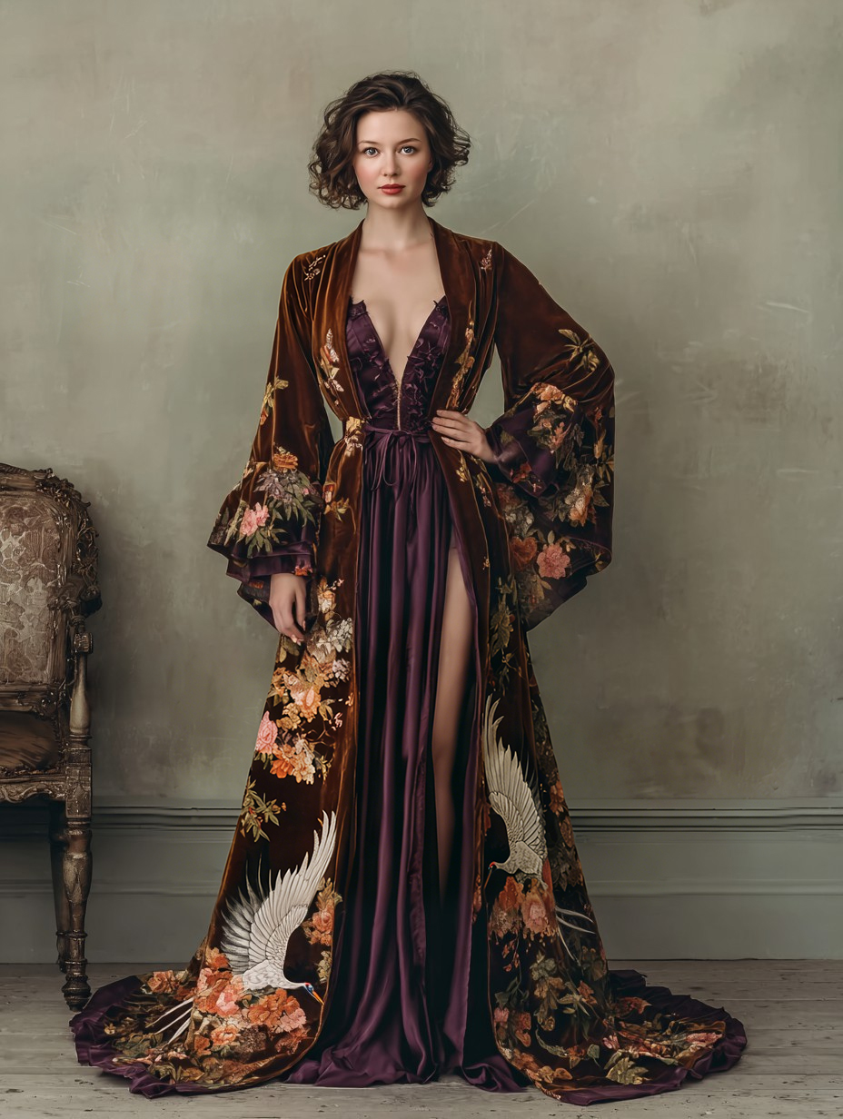 Women's Elegant Vintage Crane Art Print Brown Robe