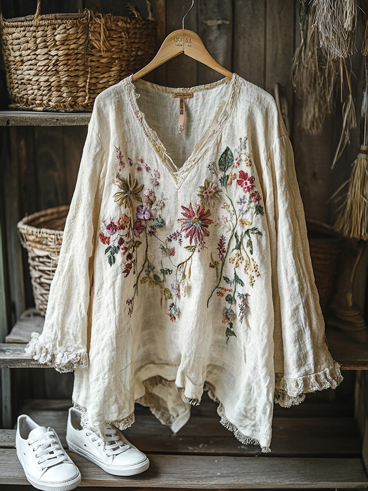 Vintage Floral Embroidery Art Graphics Linen Blend V-neck Tunic