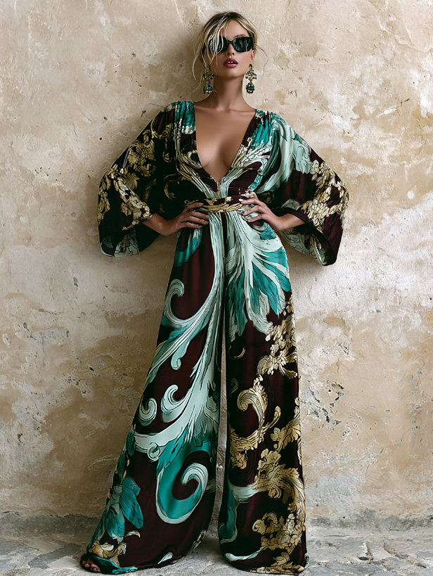 Women's Casual Vintage Baroque Print Jumpsuit