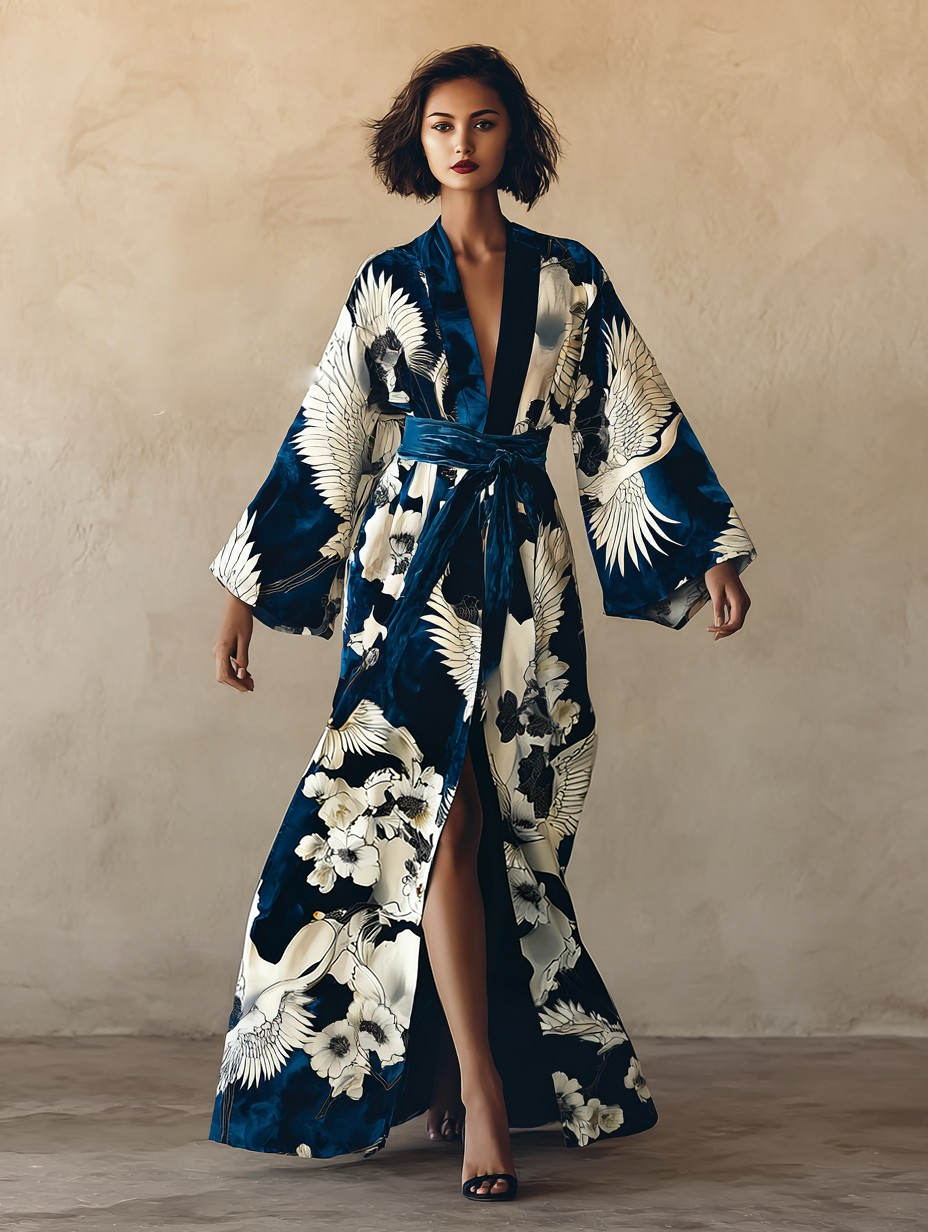 Women's Elegant Vintage Crane Art Print Robe