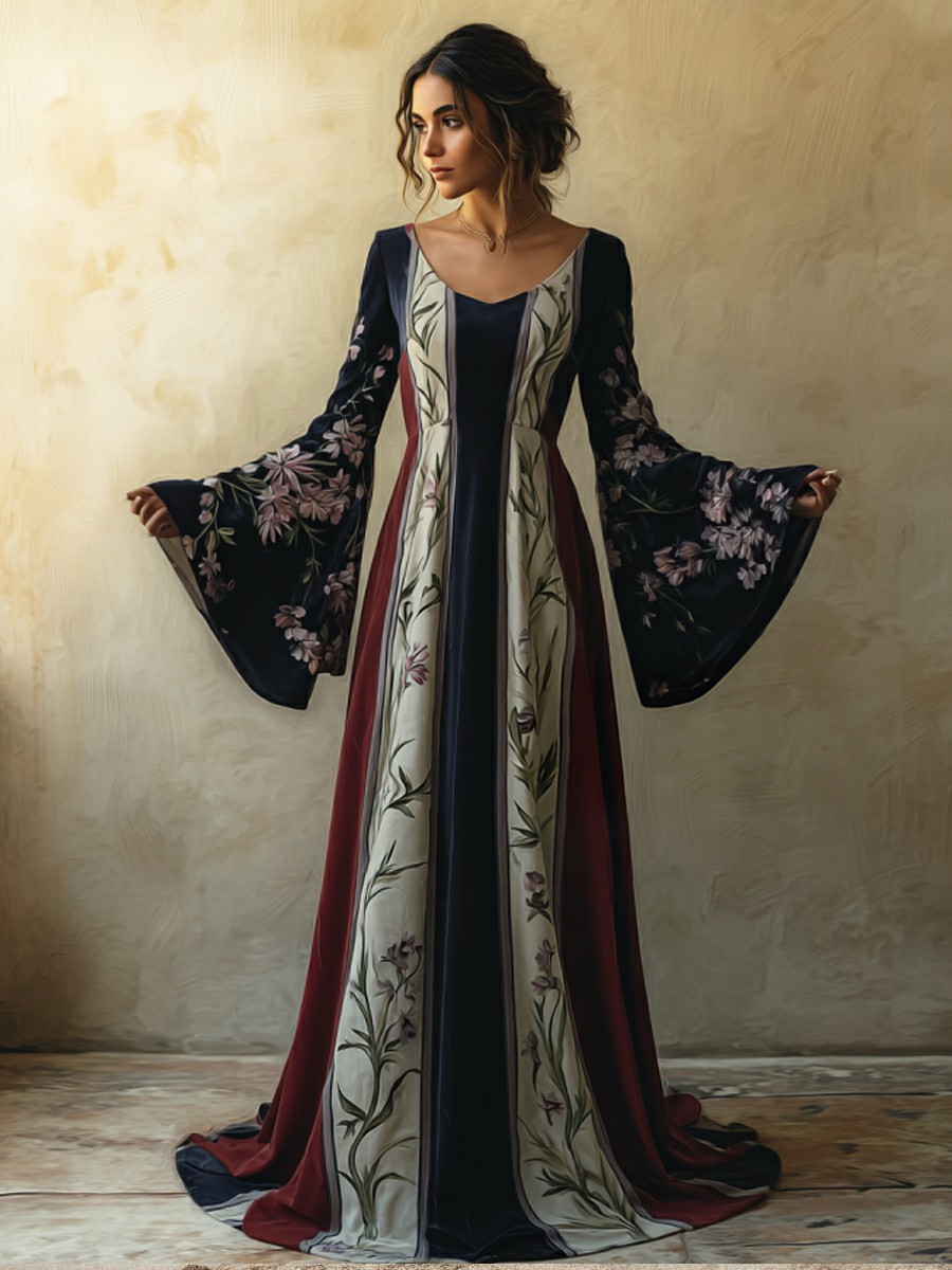 Artistic women's velvet V-neck bell sleeve dress