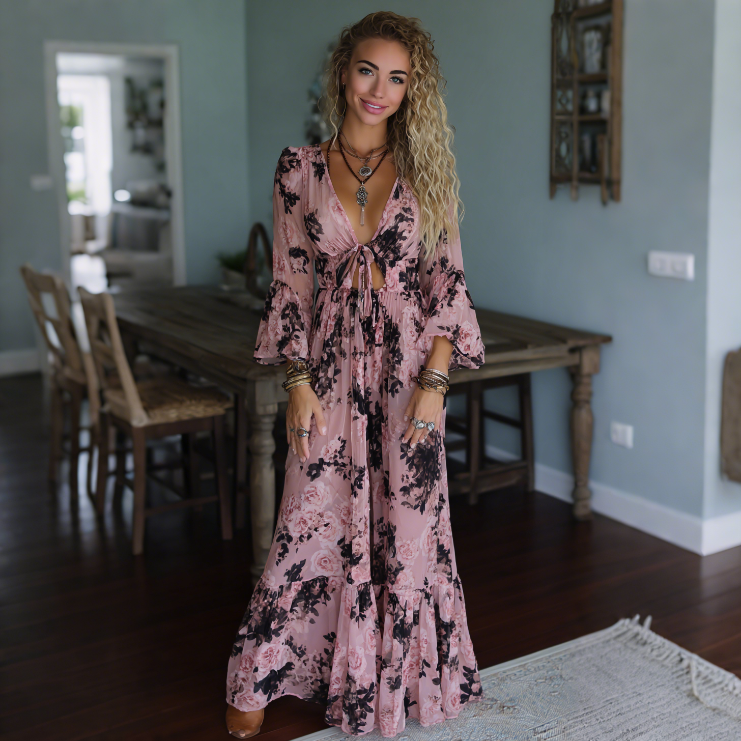 Elegant European Retro Print Long-sleeved Dress