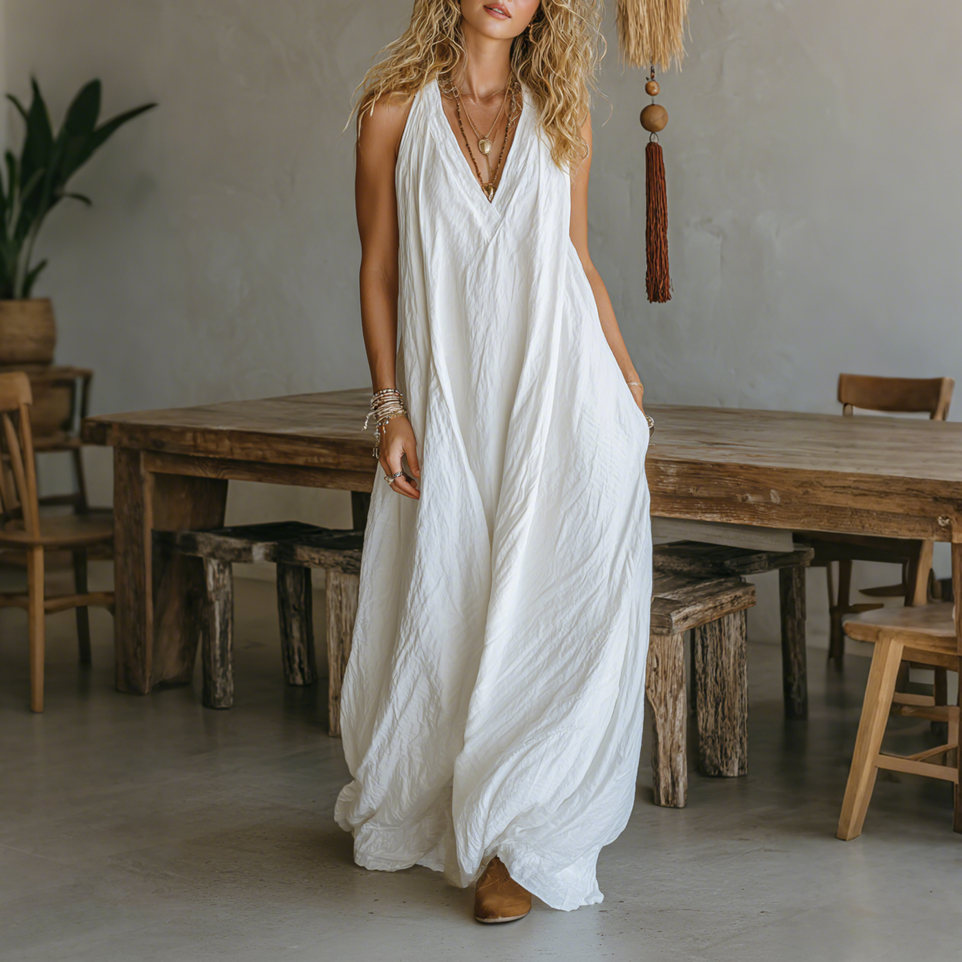 Retro Casual Loose Cotton And Linen Suspender Long Skirt Fashionable Large Silhouette Suspender Dress Home Comfortable L