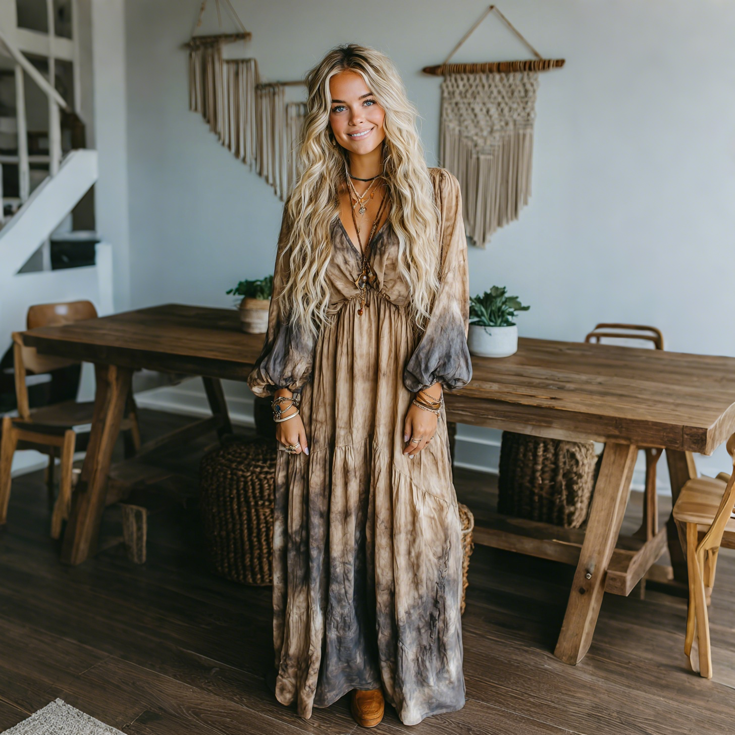 Elegant Retro Tie-dye Print Long-sleeved Dress