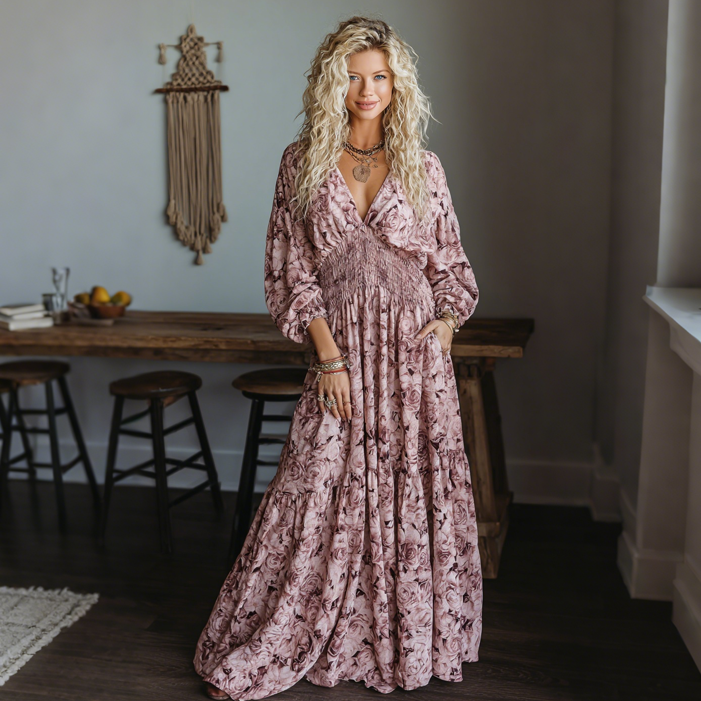 Elegant Rose Floral Print Long Sleeve Dress