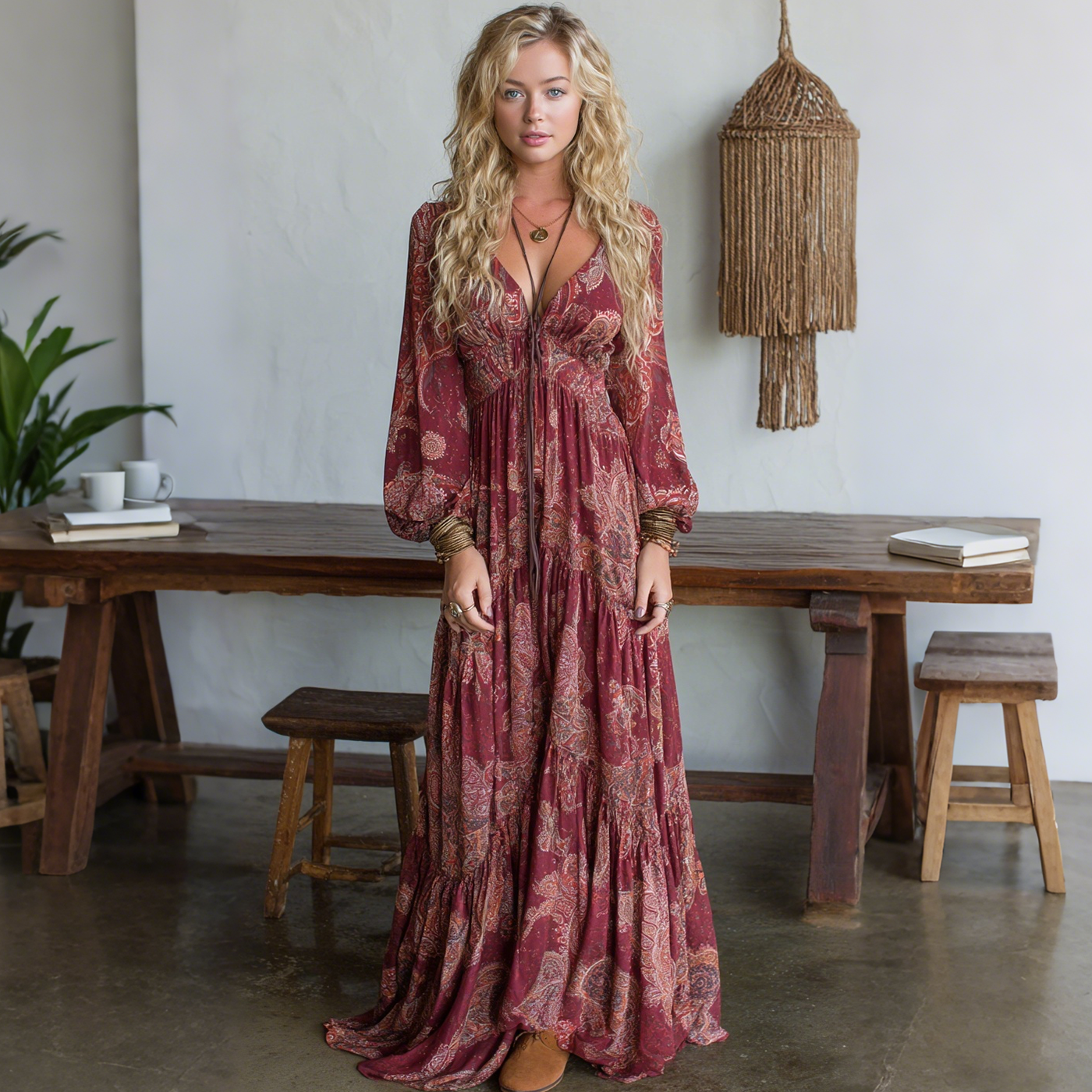 Elegant Paisley Print Long Sleeve Maxi Dress