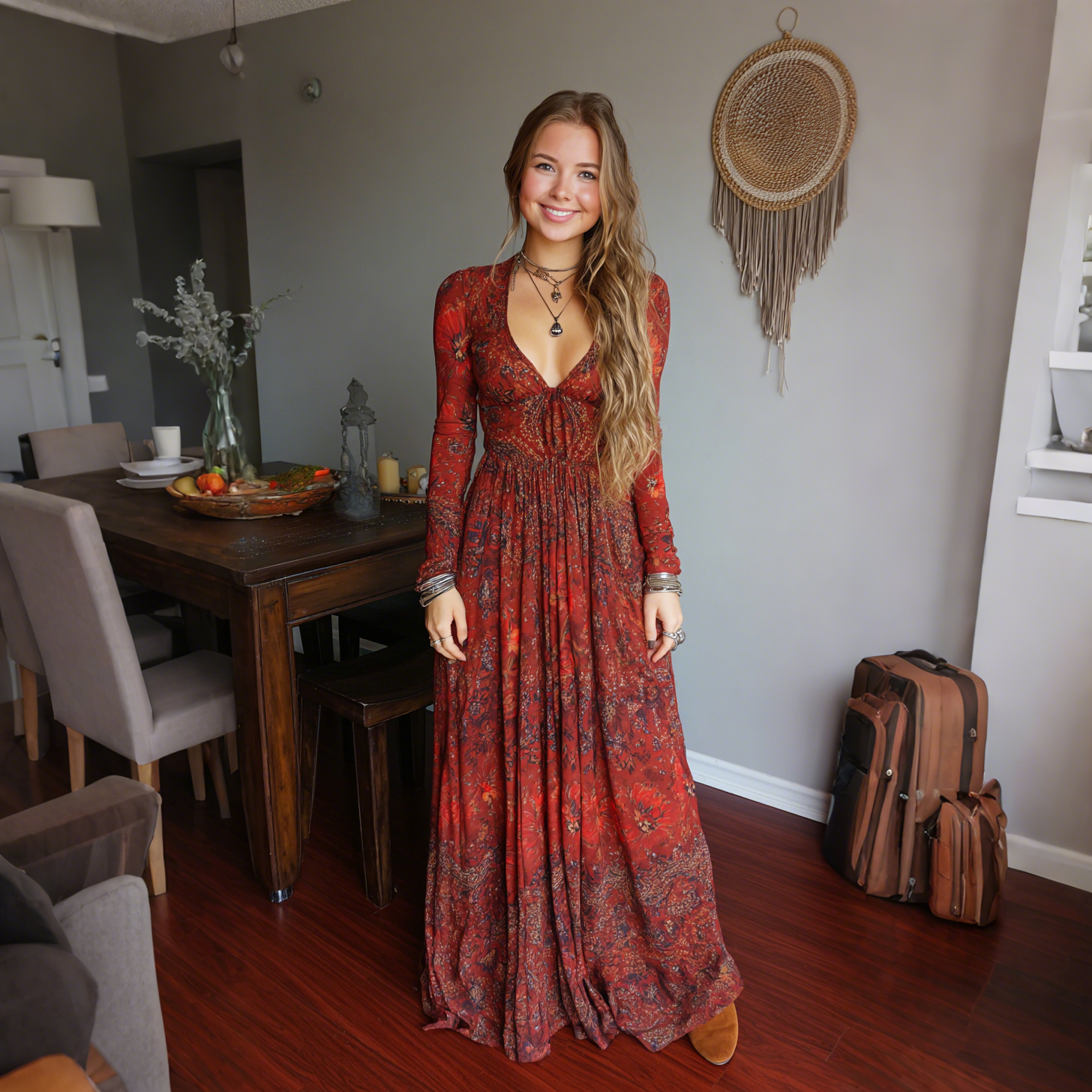 Elegant Paisley Print Long Sleeve Maxi Dress