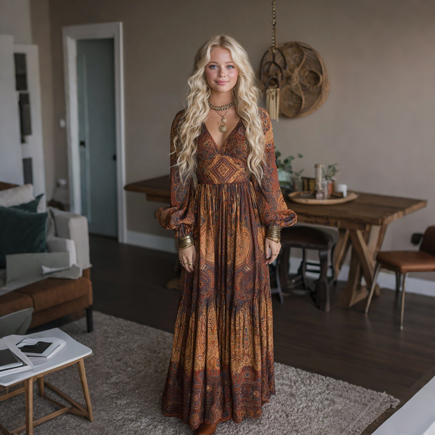 Elegant Paisley Print Long Sleeve Maxi Dress