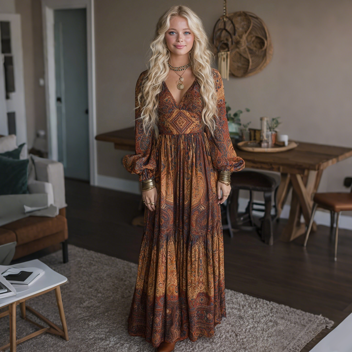 Elegant Paisley Print Long Sleeve Maxi Dress