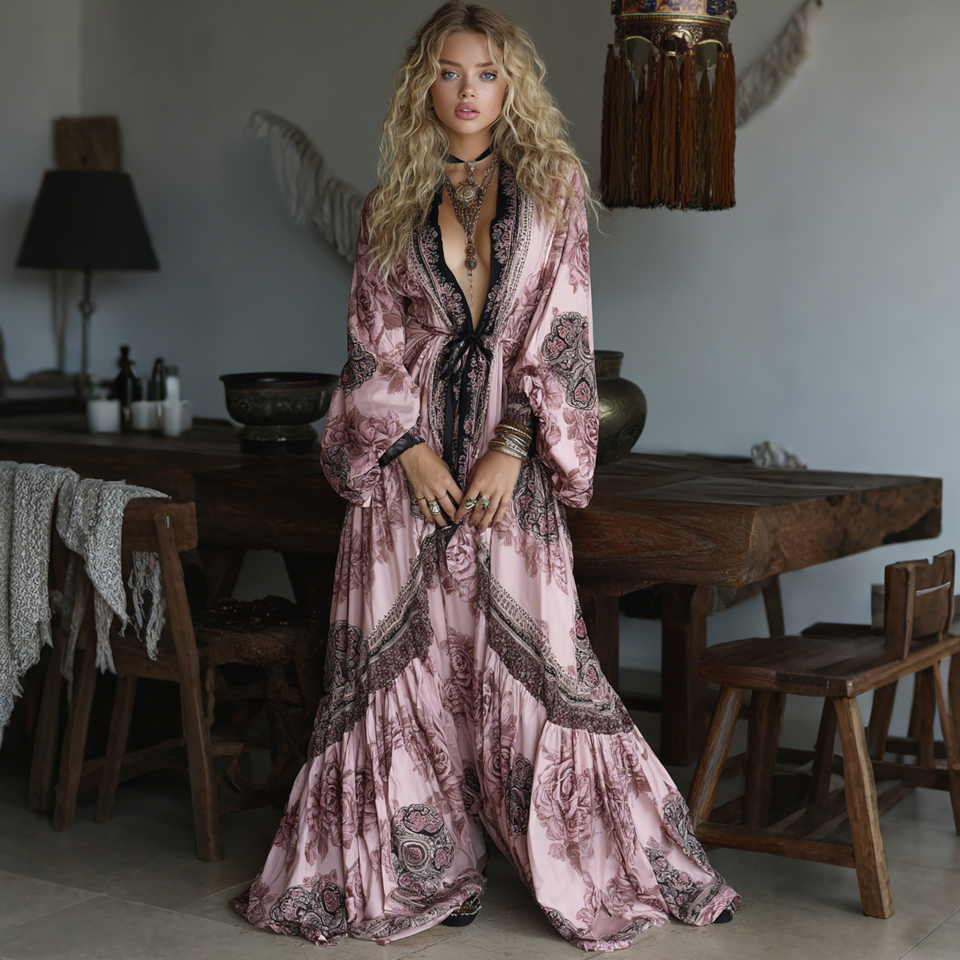 Elegant Paisley Print Long Sleeve Maxi Dress