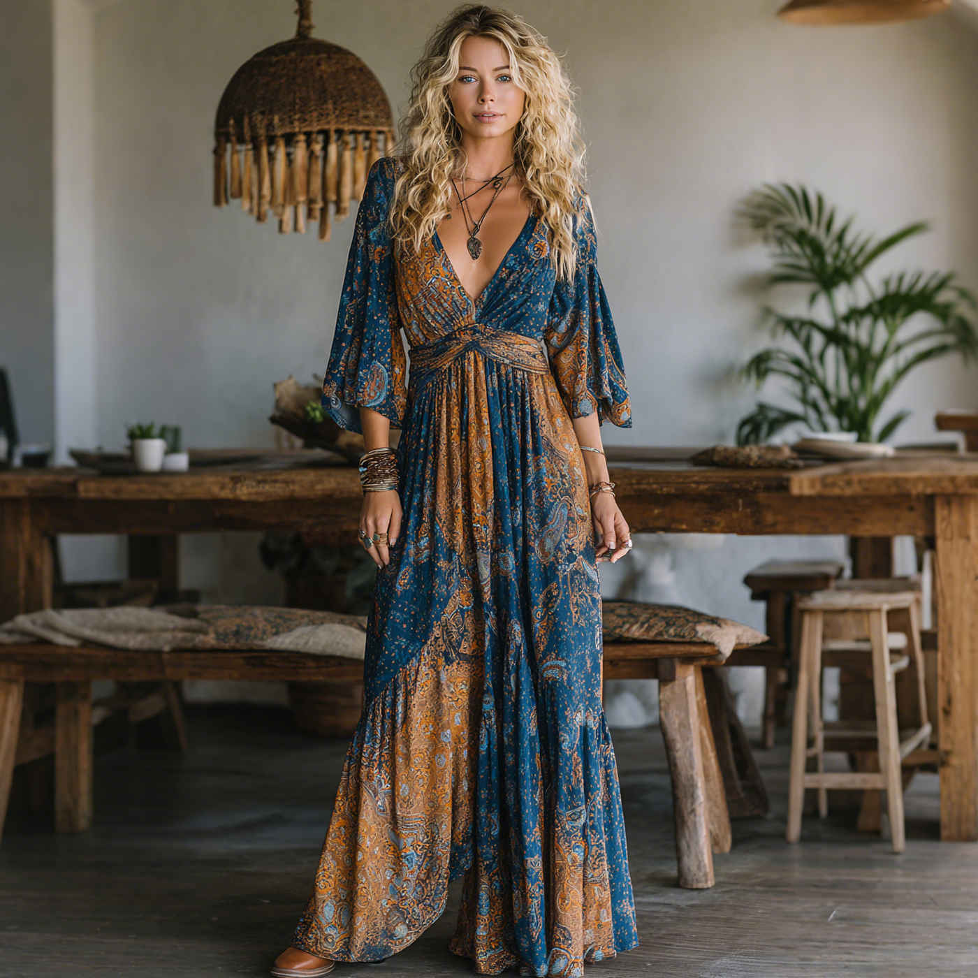 Elegant Paisley Print Long Sleeve Maxi Dress