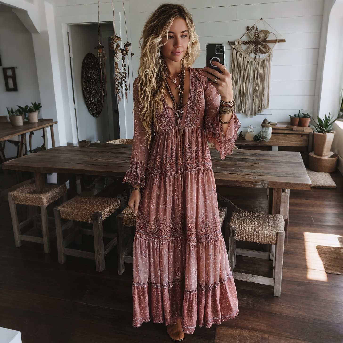 Elegant Paisley Print Long Sleeve Maxi Dress