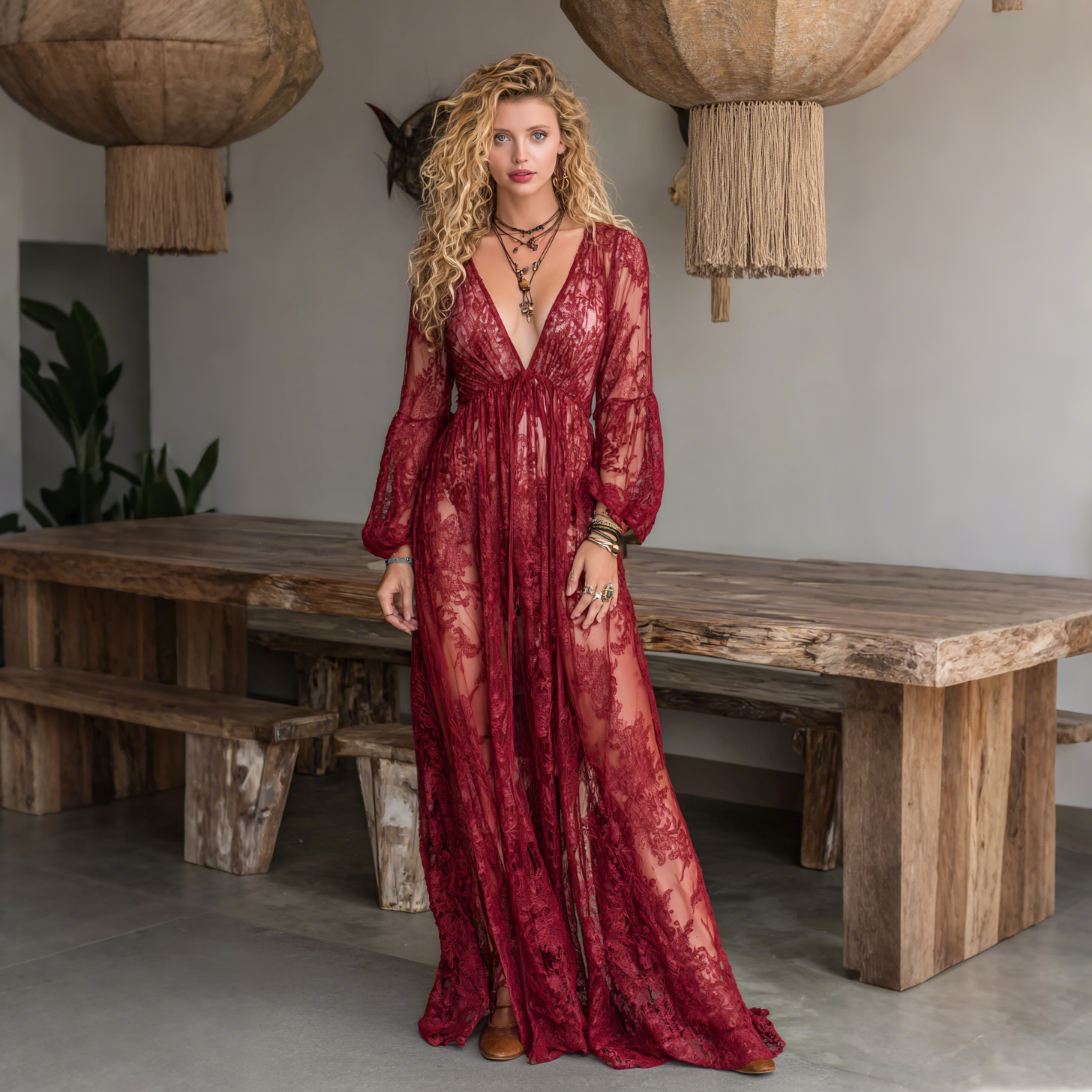 Elegant V-neck High Waist Lace Flared Long Sleeve Dress