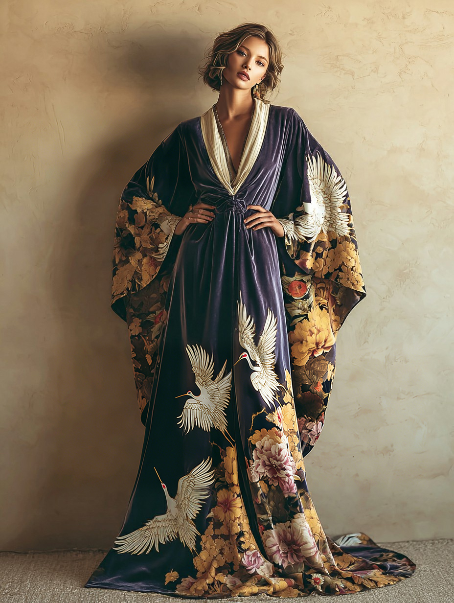 Women's Elegant Vintage Crane Art Print Dress