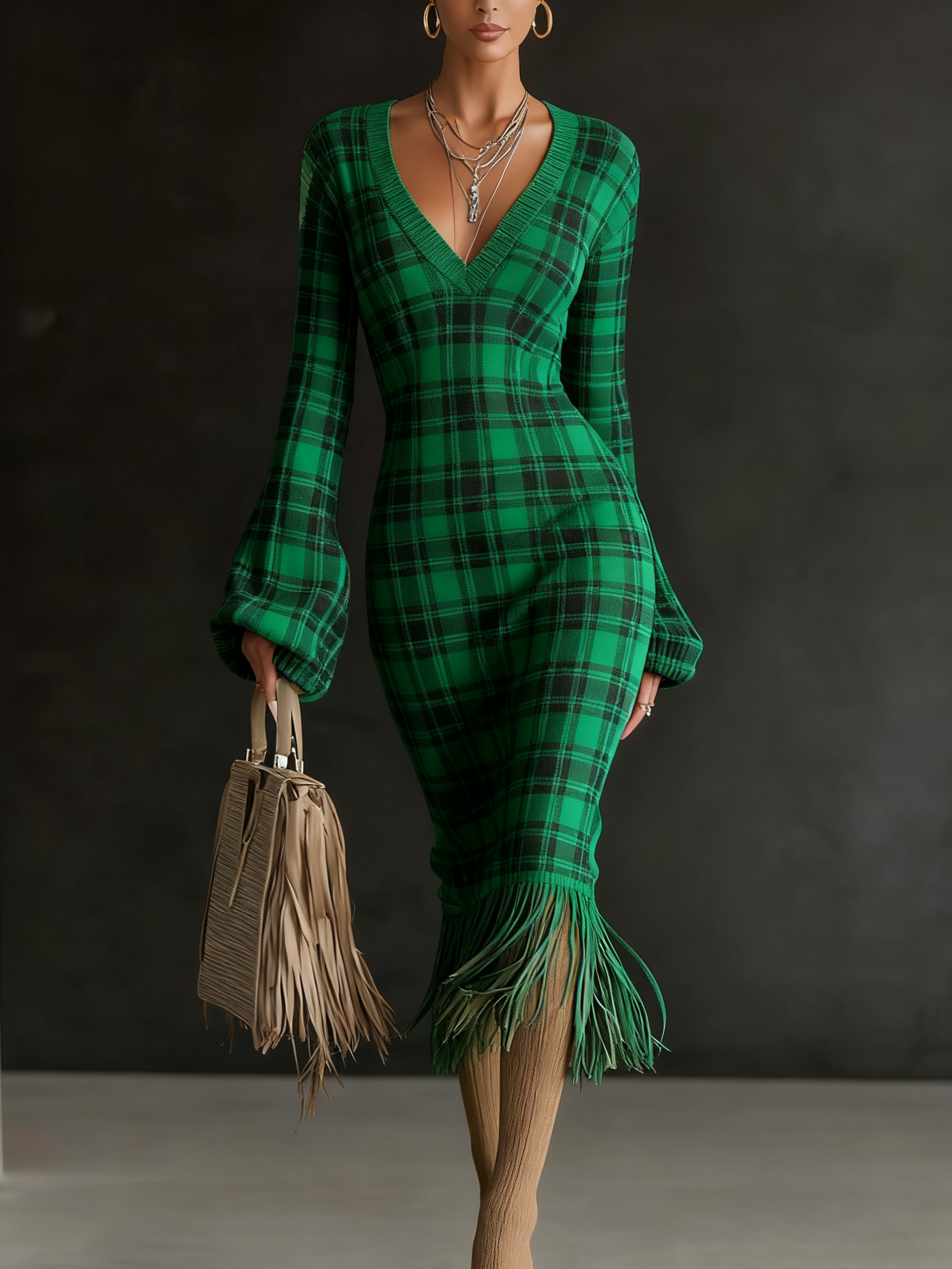 Printed Textured Knitted Tassel Hem Long Sleeve Midi Dress