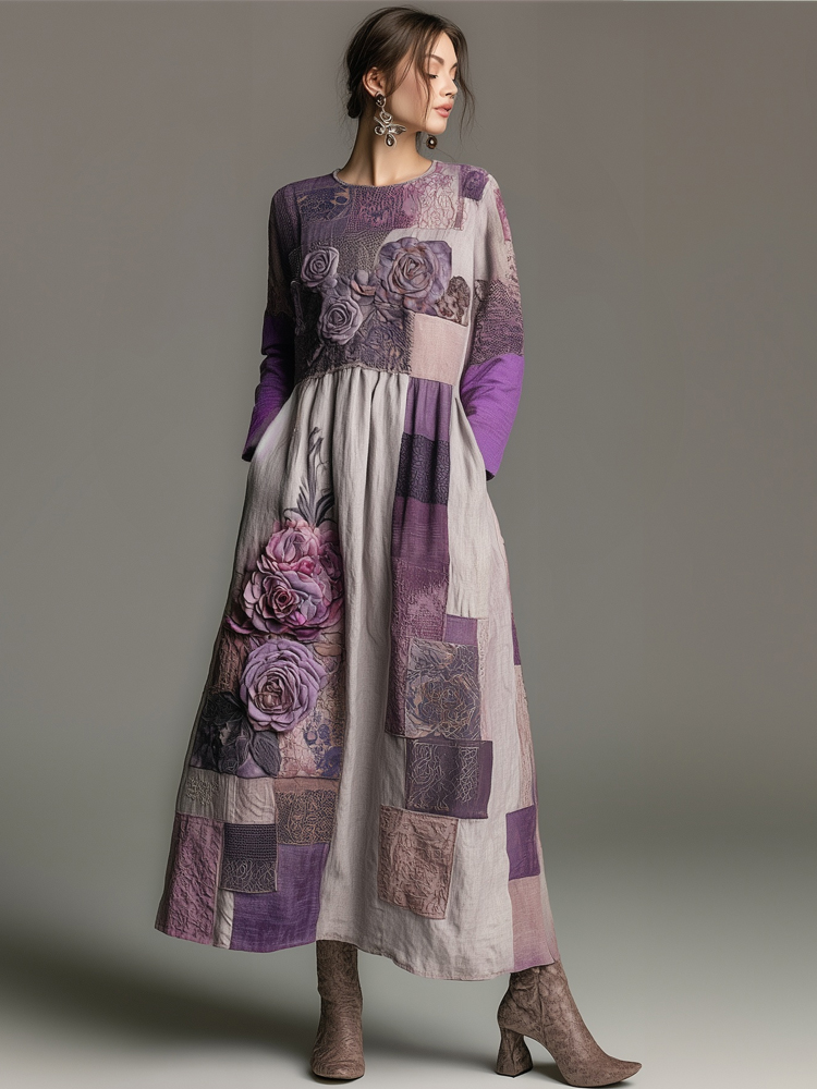 Vintage Purple Roses Embroidered Patchwork Linen Maxi Dress