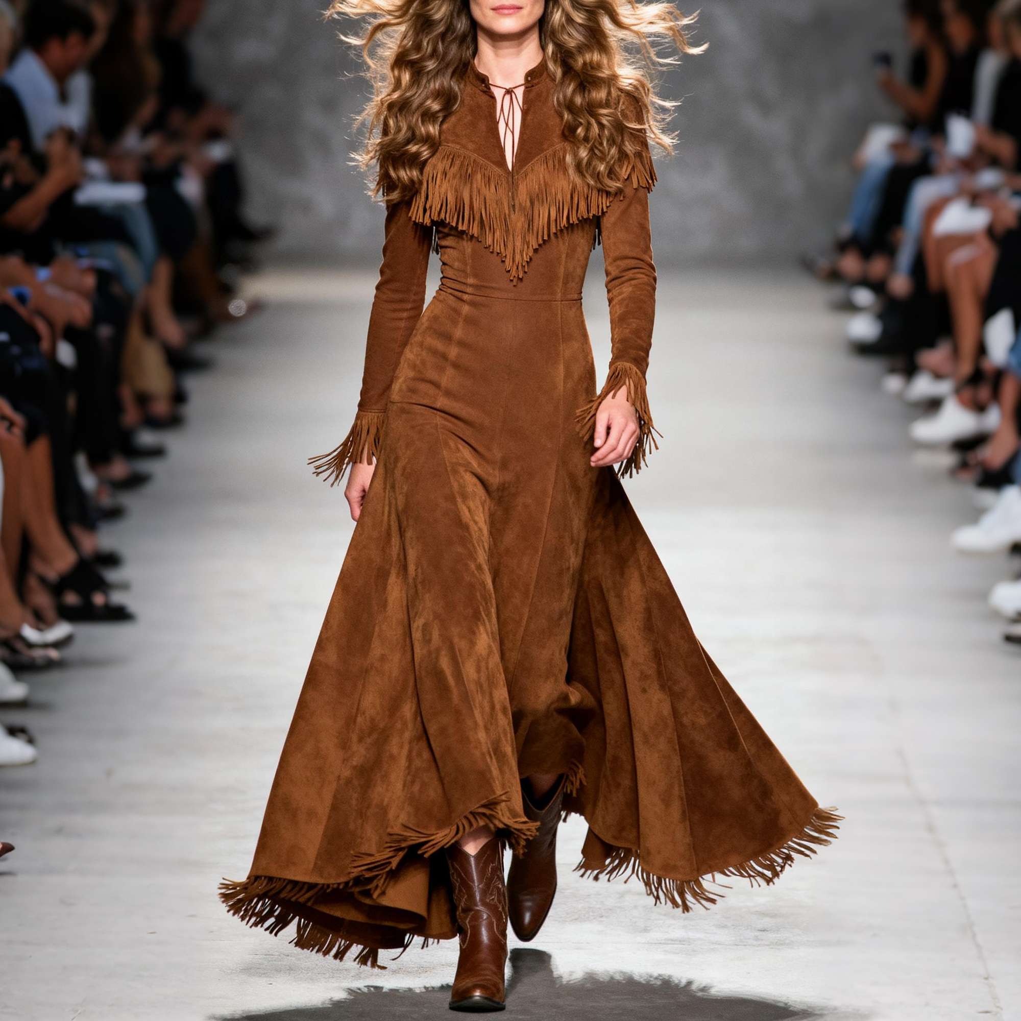 Women's Retro Stand Collar V-Neck Tassel Decoration Trumpet Sleeve Long Sleeve Long Dress