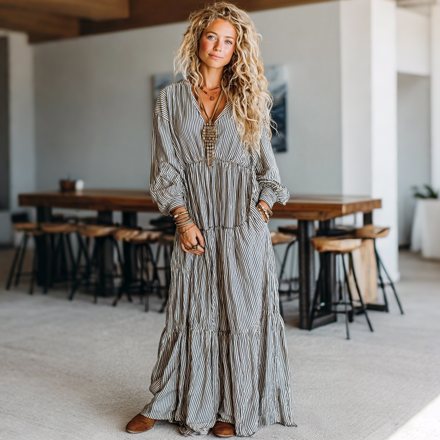 Elegant Striped Print Long-sleeved Dress