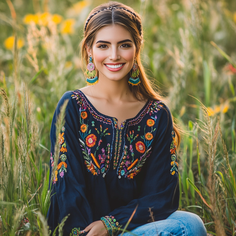 Women's Mexican Navy Blue Bohemian Floral Embroidered Blouse