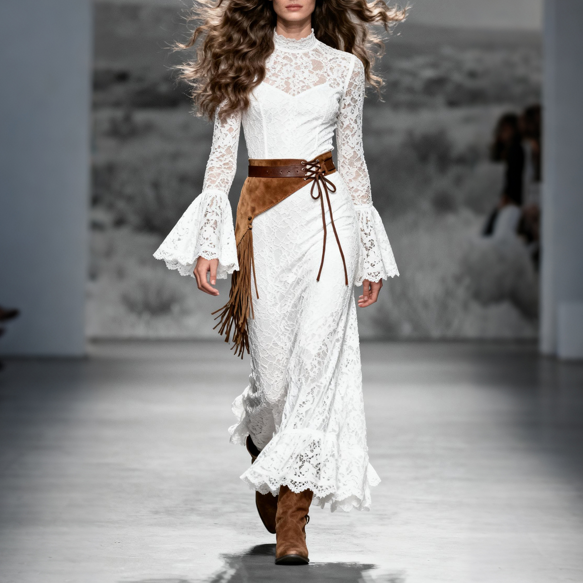 Women's Retro Square Neck Lace-Up Trumpet Sleeve Long Lace Dress