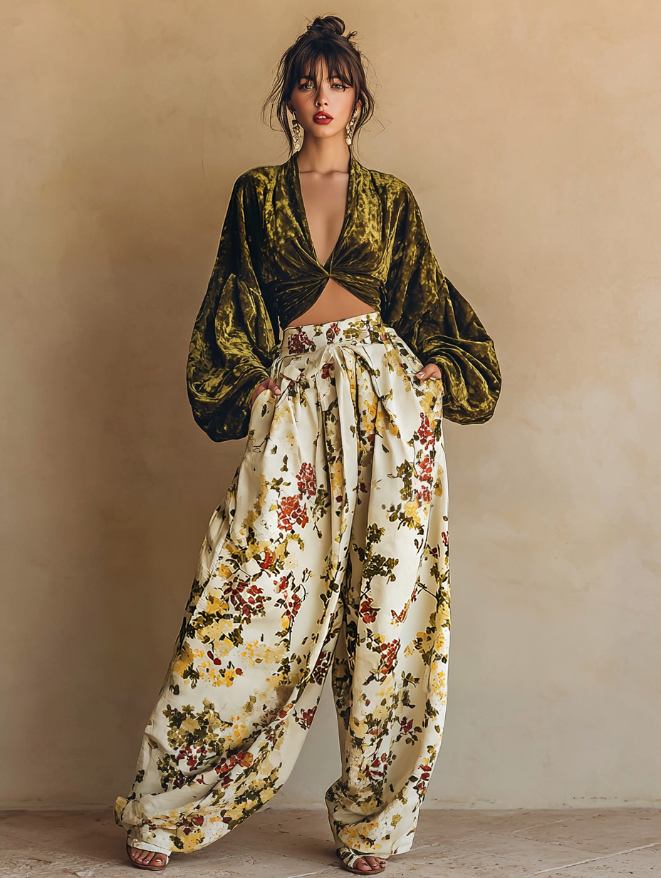 Women's Elegant And Elegant Design Velvet Top Loose Pants Set