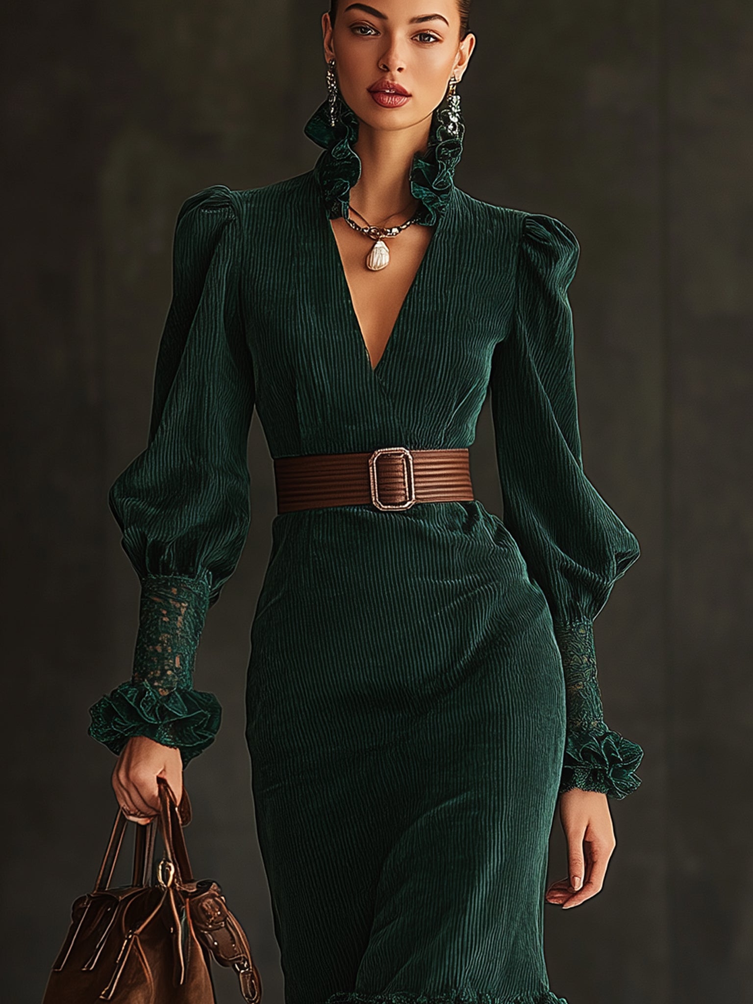 Green Corduroy Lace Trimmed Belted Midi Dress