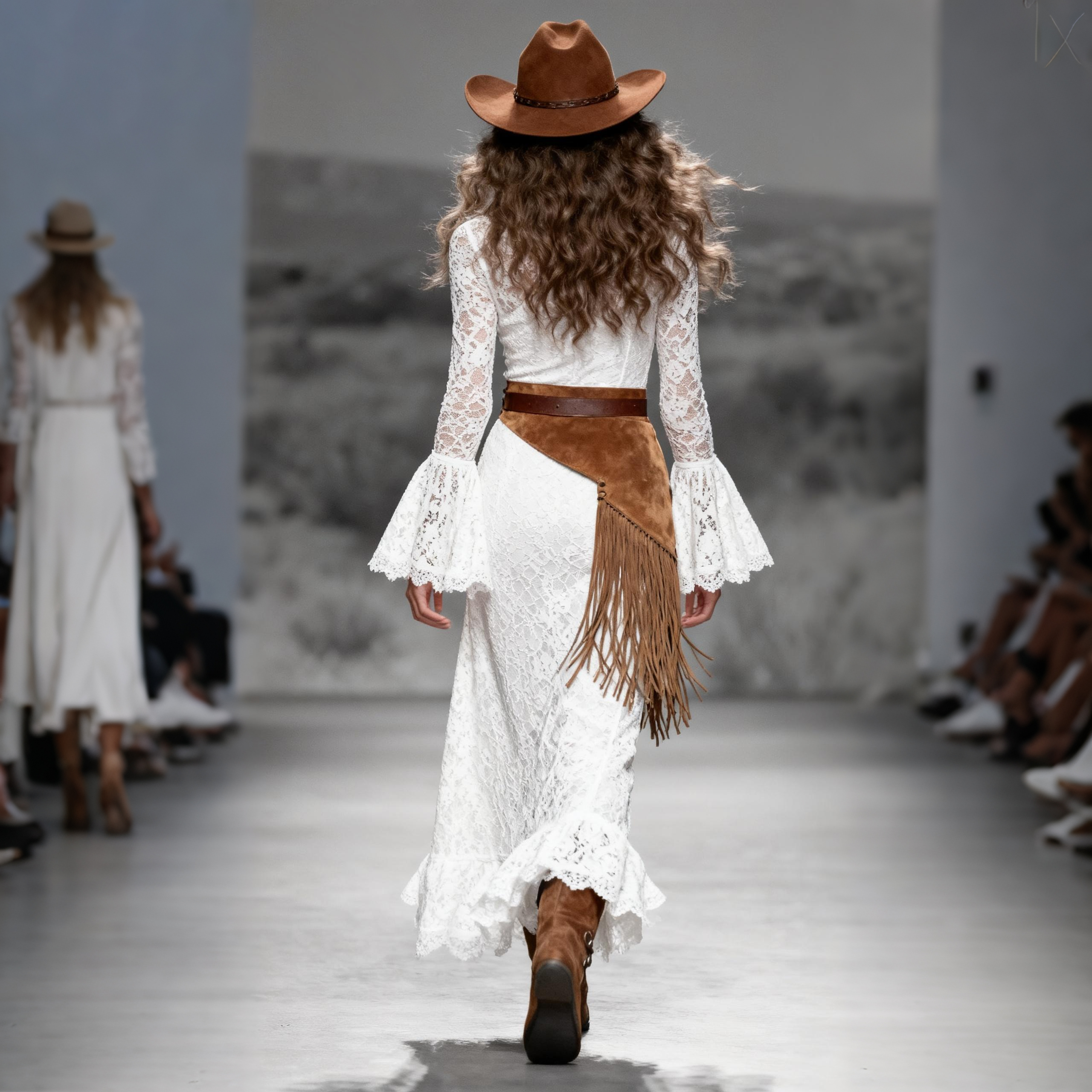 Women's Retro Square Neck Lace-Up Trumpet Sleeve Long Lace Dress