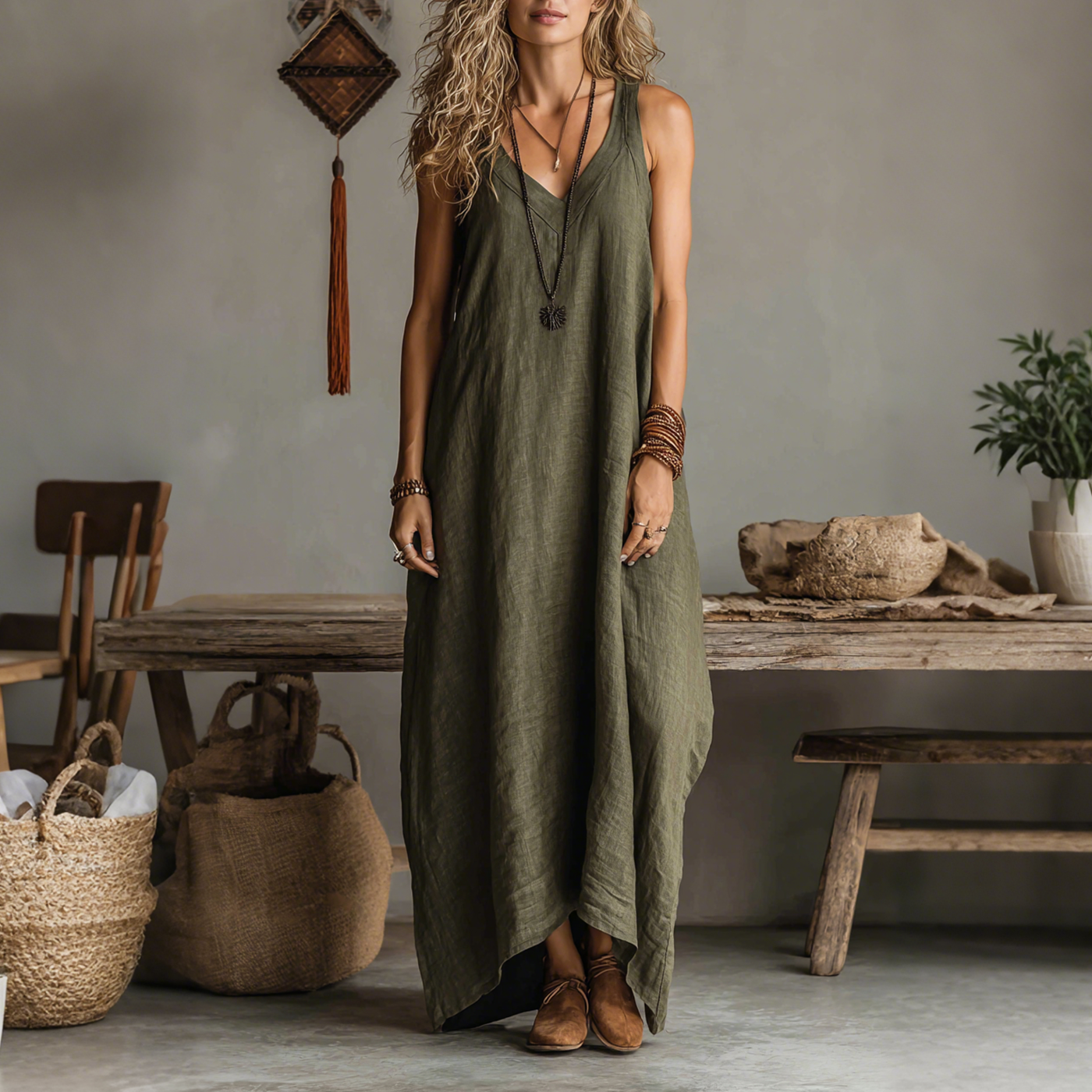 Retro Casual Loose Cotton And Linen Suspender Long Skirt Fashionable Large Silhouette Suspender Dress Home Comfortable L