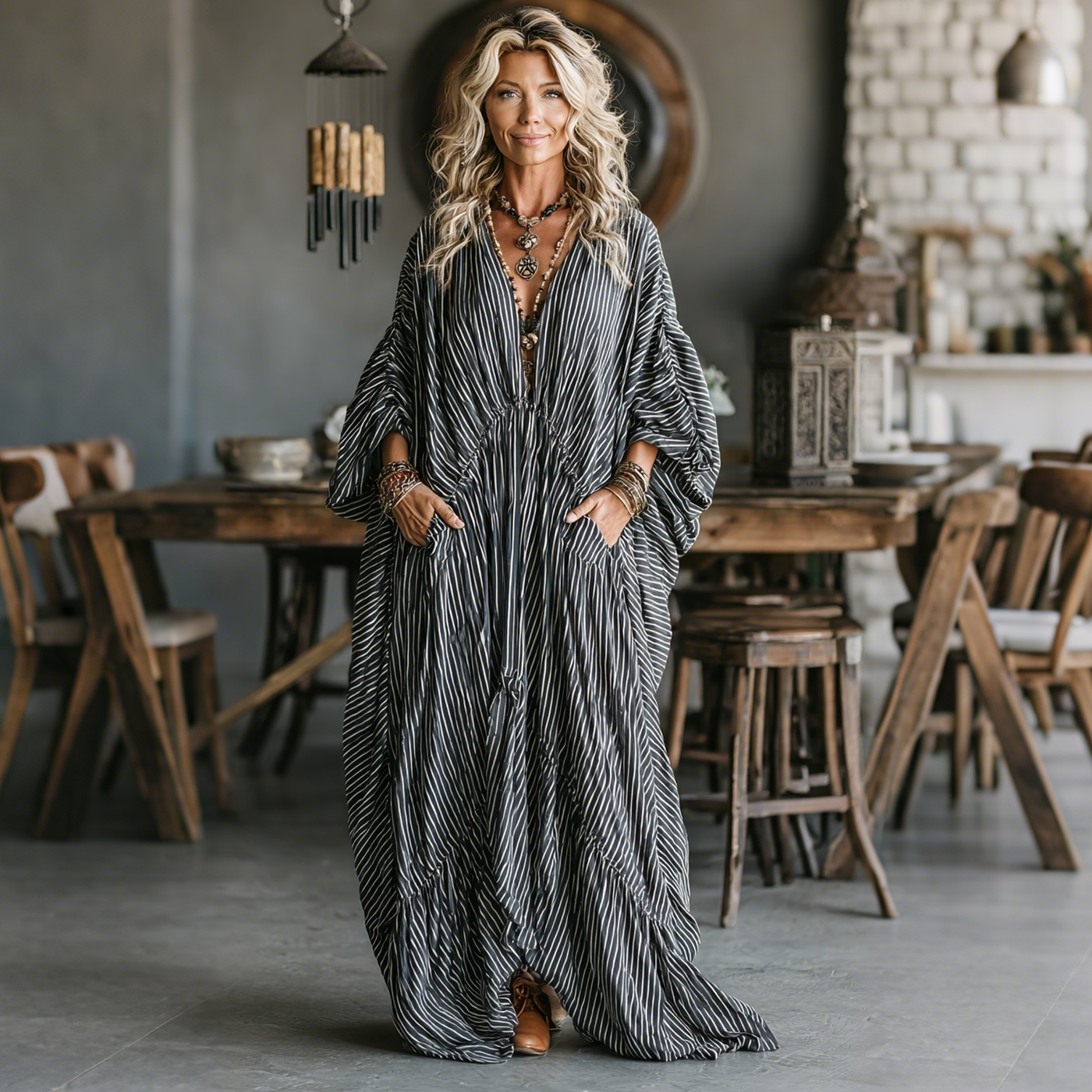 Elegant Striped Print Long-sleeved Dress