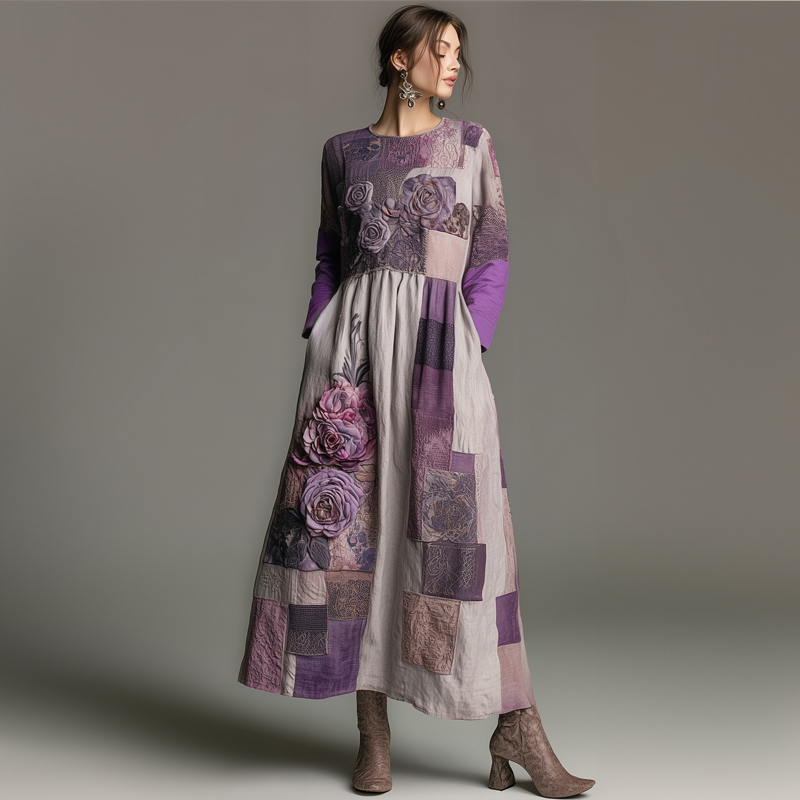 Vintage Purple Roses Embroidered Patchwork Linen Maxi Dress