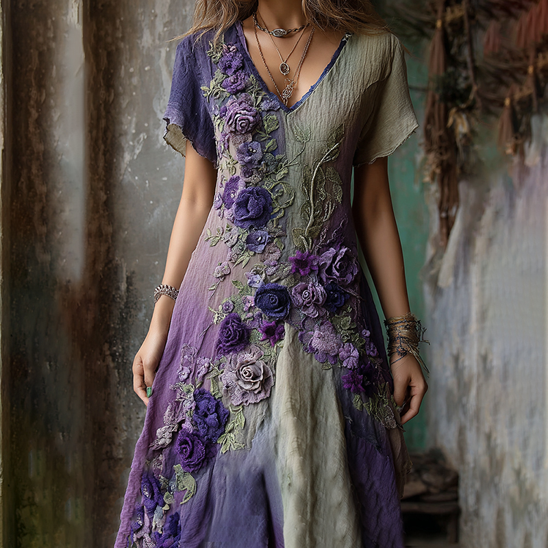 Classy Gradient Purple Lavender And Floral Embroidered Linen Maxi Dress