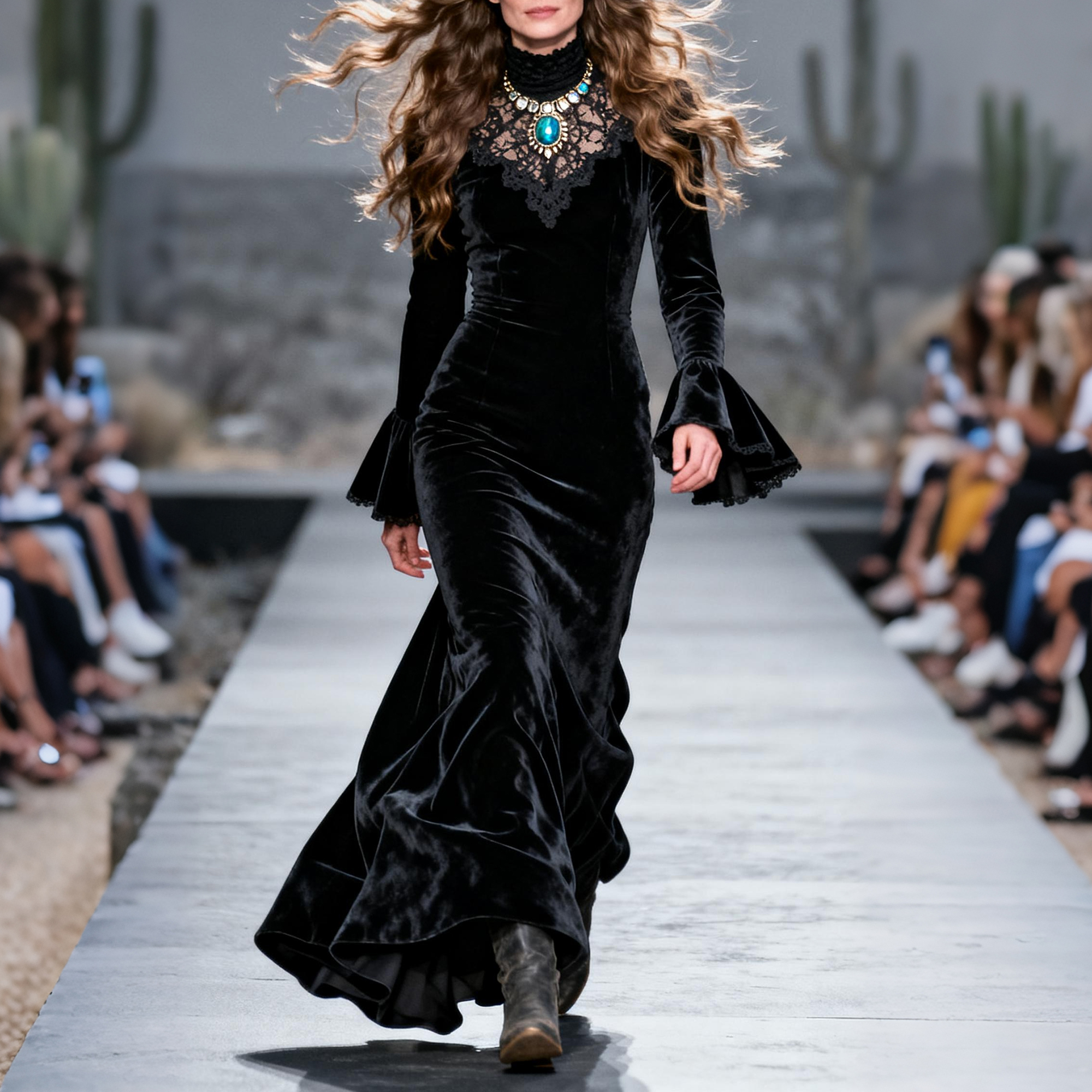 Women's Retro High Neck Lace Splicing Trumpet Sleeve Long Dress