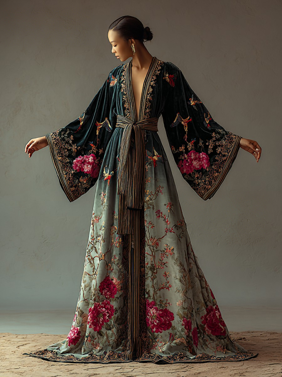 Elegant autumn/winter vintage floral style velvet robe (with belt)