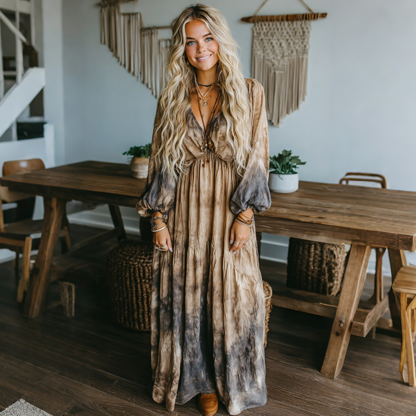 Elegant Retro Tie-dye Print Long-sleeved Dress