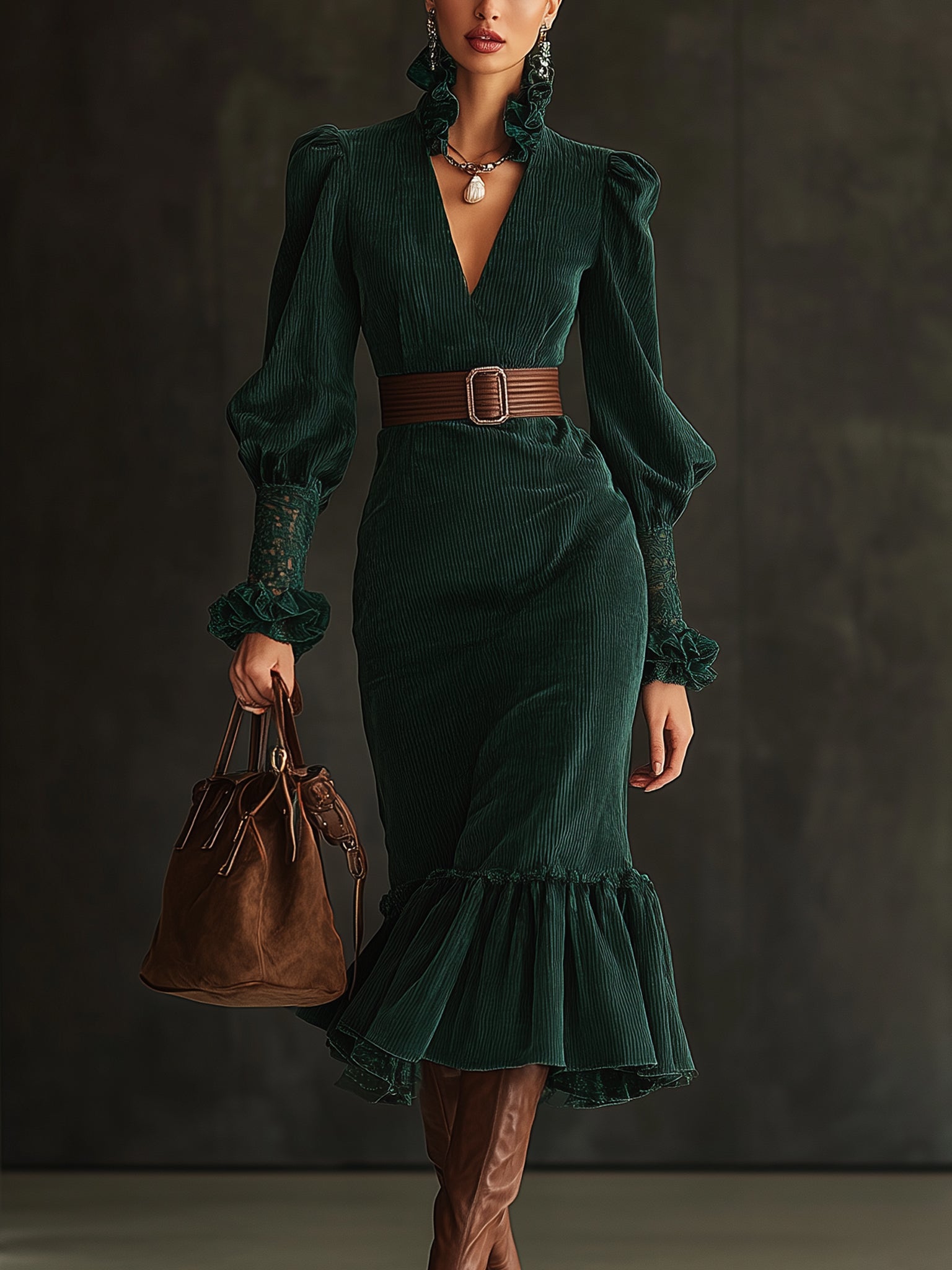Green Corduroy Lace Trimmed Belted Midi Dress