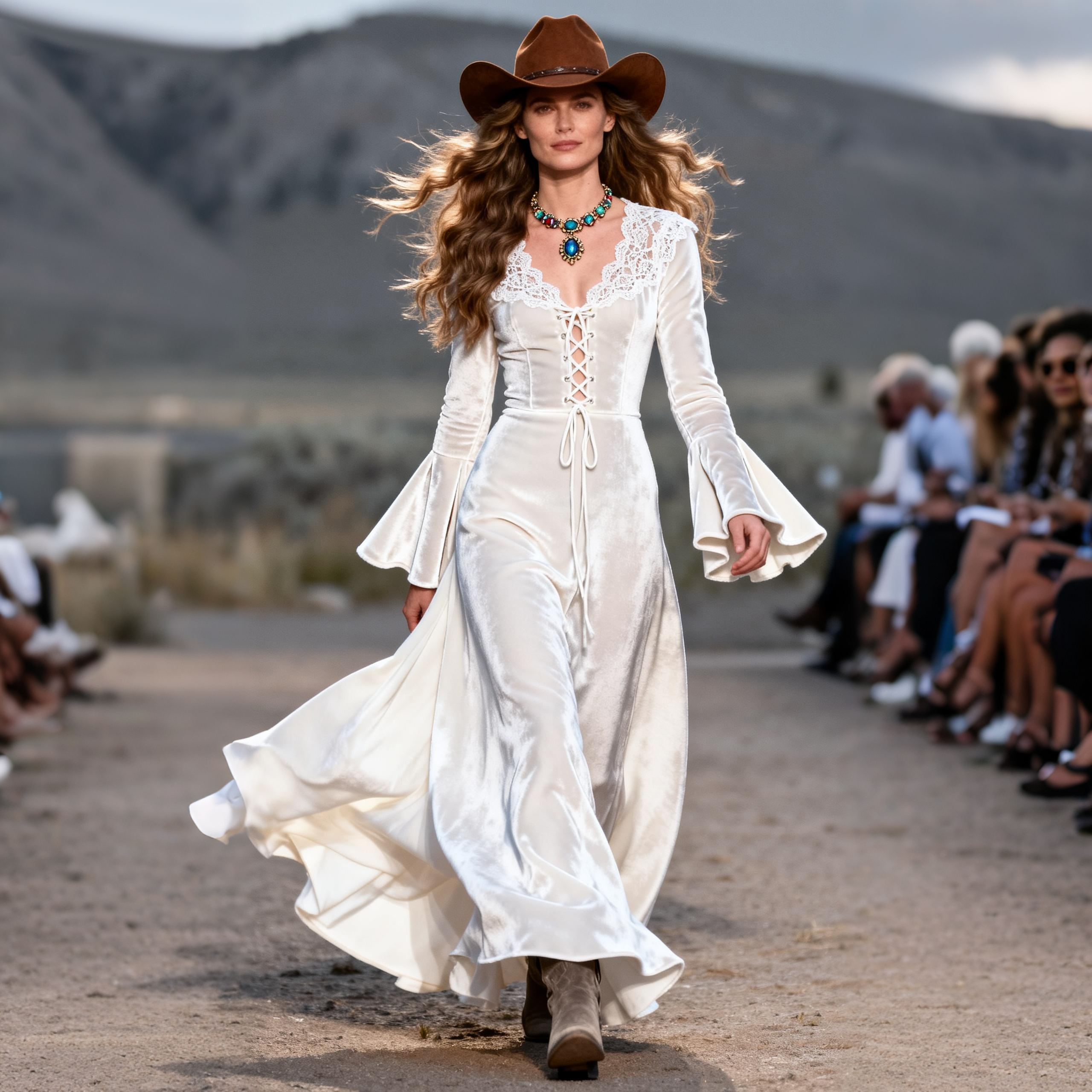 Women's Retro Lace V-Neck Lace-Up Trumpet Sleeve Long Dress