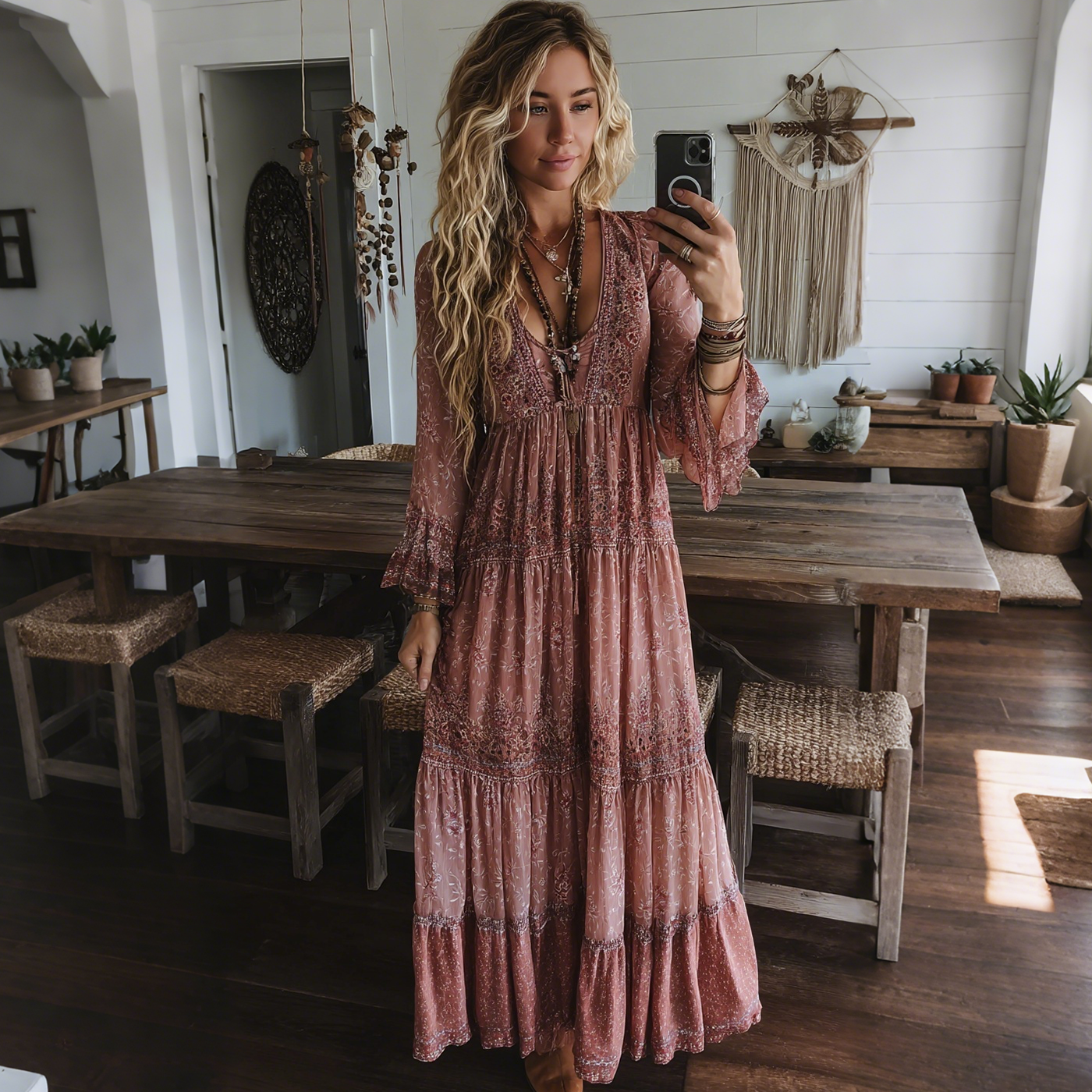 Elegant Paisley Print Long Sleeve Maxi Dress