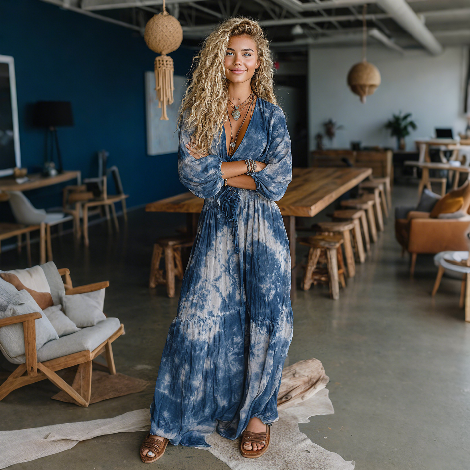 Elegant Tie-dye Printed Long-sleeved Dress